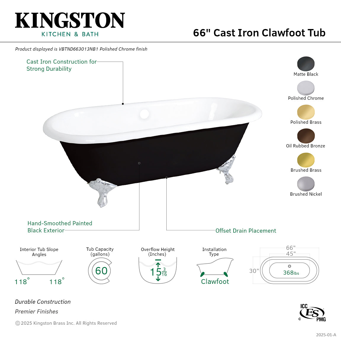 Aqua Eden 66 Inch Cast Iron Oval Double Ended Clawfoot Bathtub - No Faucet Drillings - Black/White/Polished Brass - Vintage Style Freestanding Tub for Bathroom & Spa Relaxation