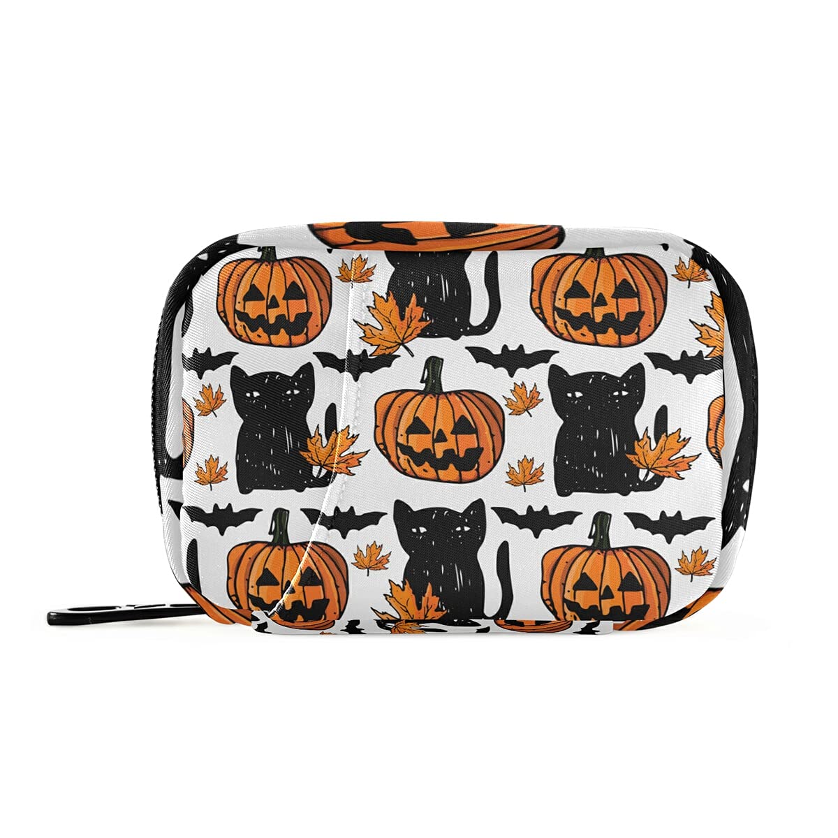 Black Cat Bat Pumpkin Pill Organizer Case - 7-Day Weekly Pill Box with Zipper for Medicine Storage | Perfect for Halloween, Travel, Work & School | Portable Medication Holder for Daily Use, Vacation & Office