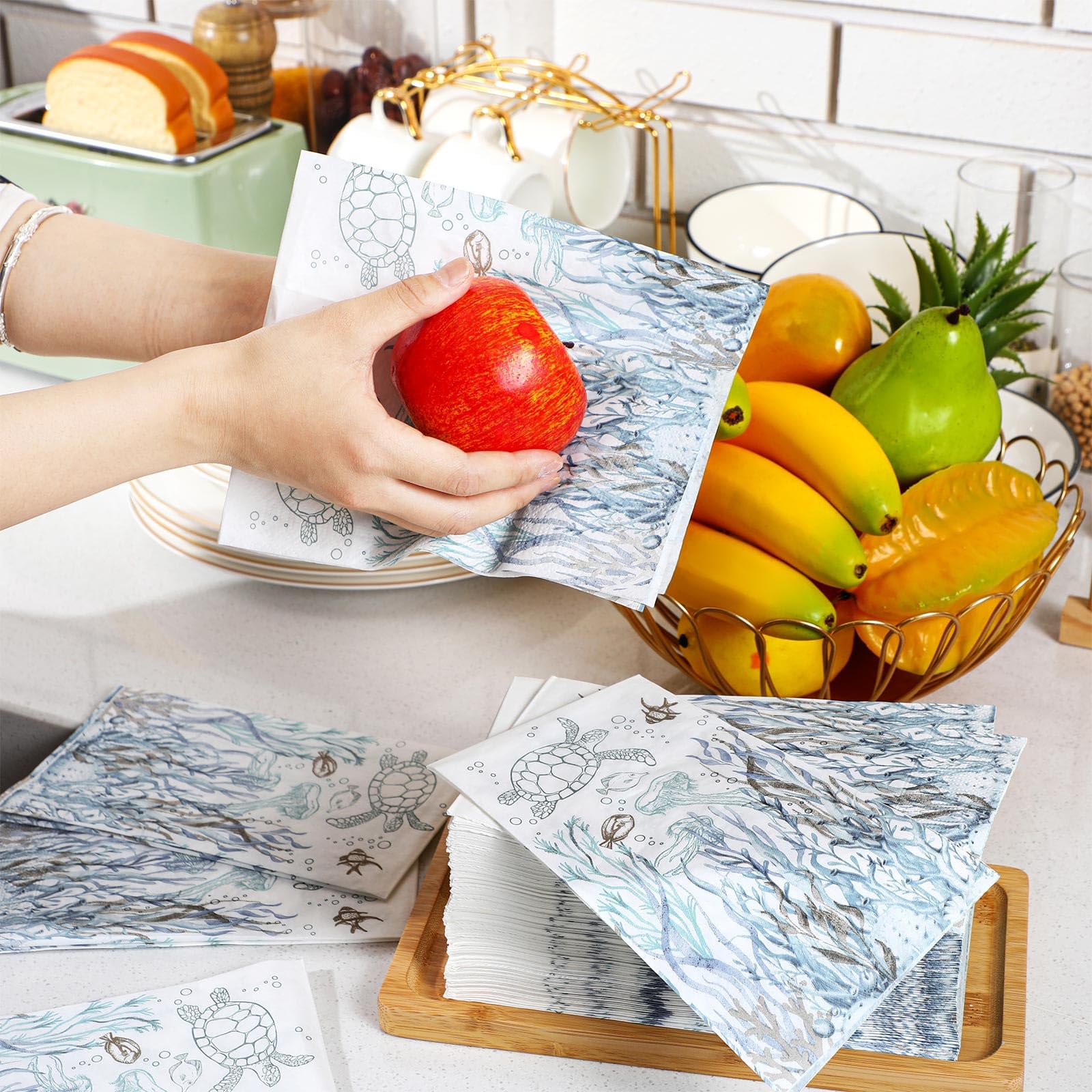 200 Pcs Coastal Turtle Bathroom Paper Guest Towels - 2 Ply Summer Guest Napkins, Blue Bathroom Paper Hand Towels, Jellyfish Dinner Napkins, Nautical Theme for Wedding, Baby Shower, Holiday Party - Perfect for Beach Themed Events, Coastal Home Decor & Ocean Inspired Gatherings