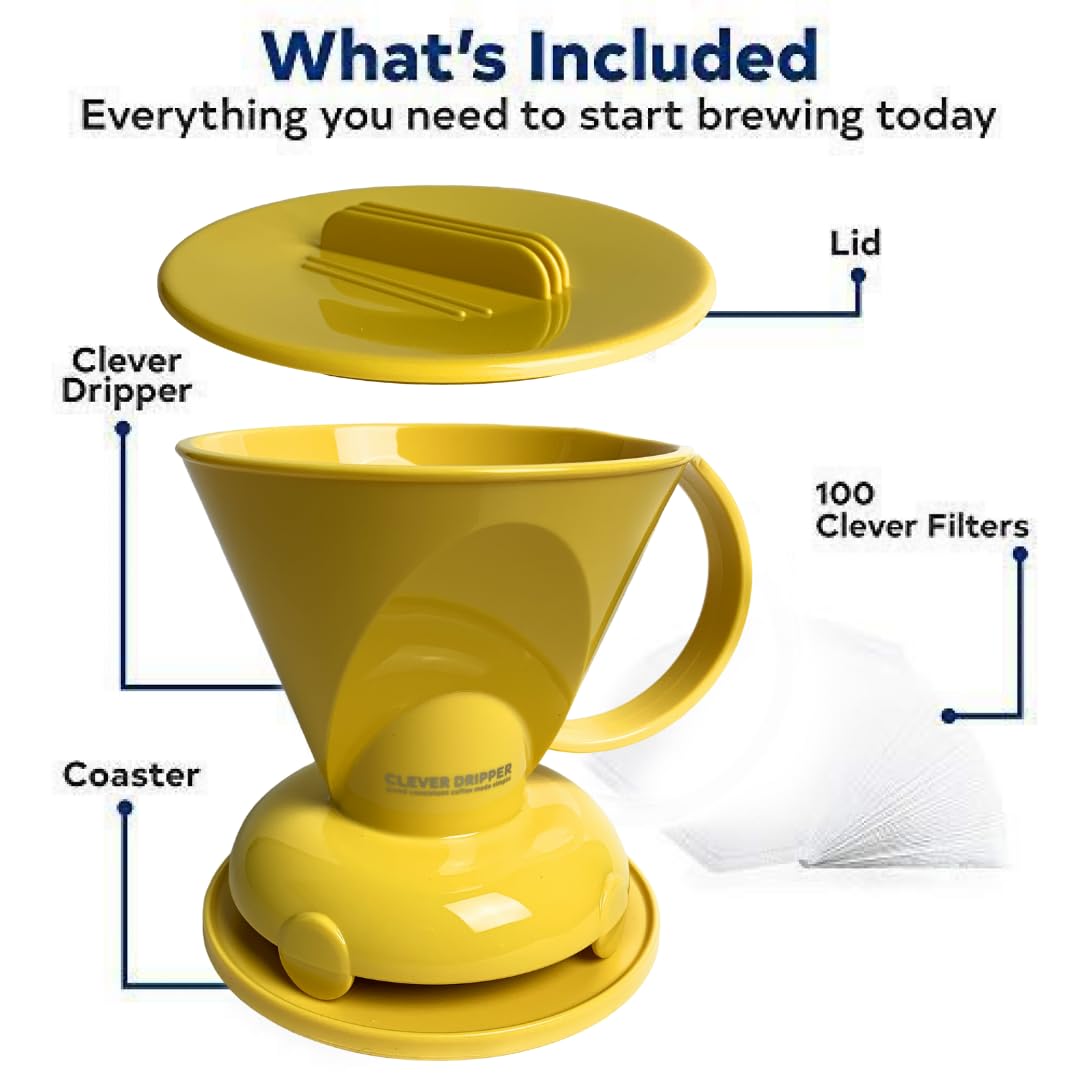 Clever Yellow Coffee Dripper - BPA-Free Plastic Pour Over Coffee Maker for Hot & Cold Brew (18oz) - Perfect for Home, Office & Camping Use