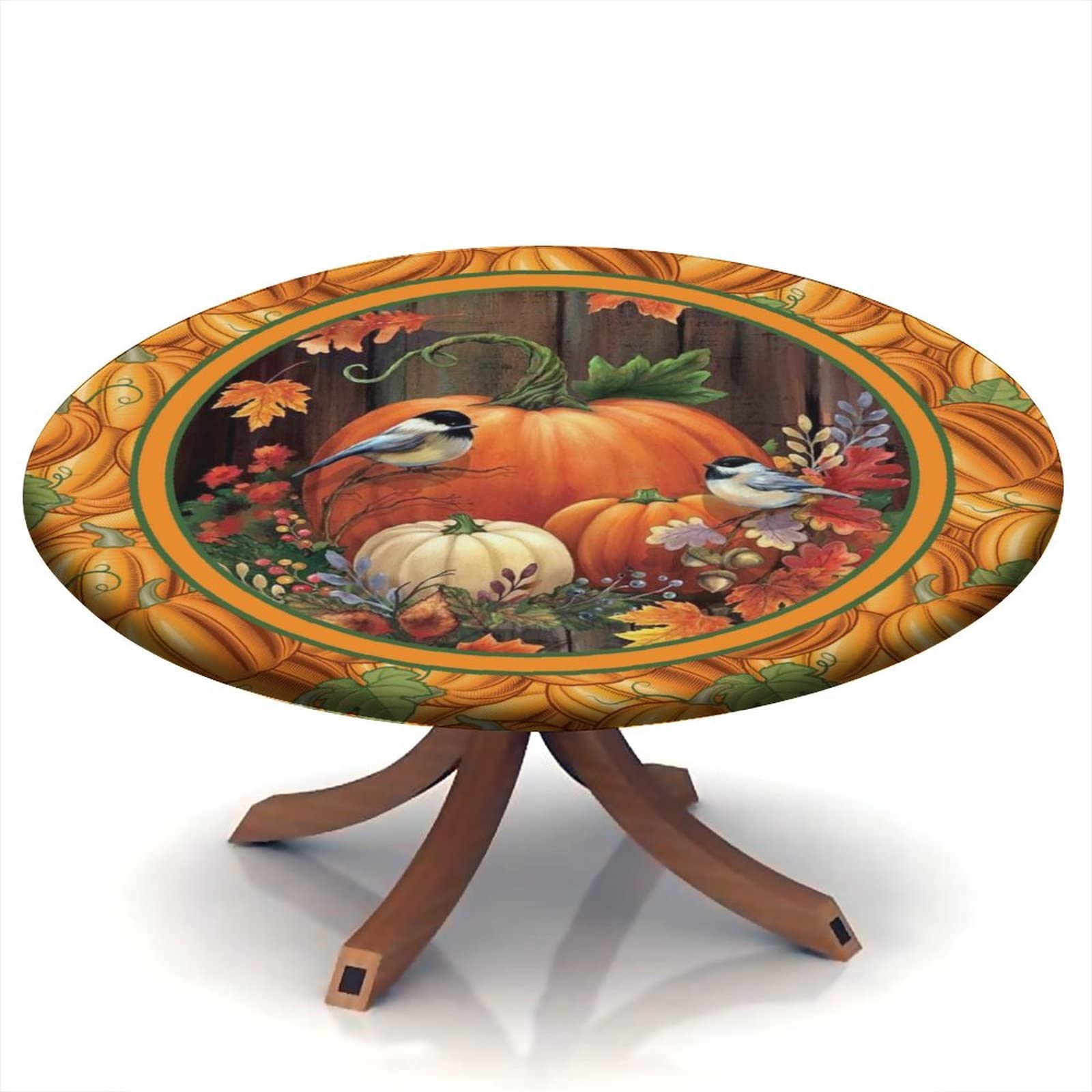 Round Fitted Tablecloth with Autumn Maple Leaves Design - Elastic Edged Table Cover for 28