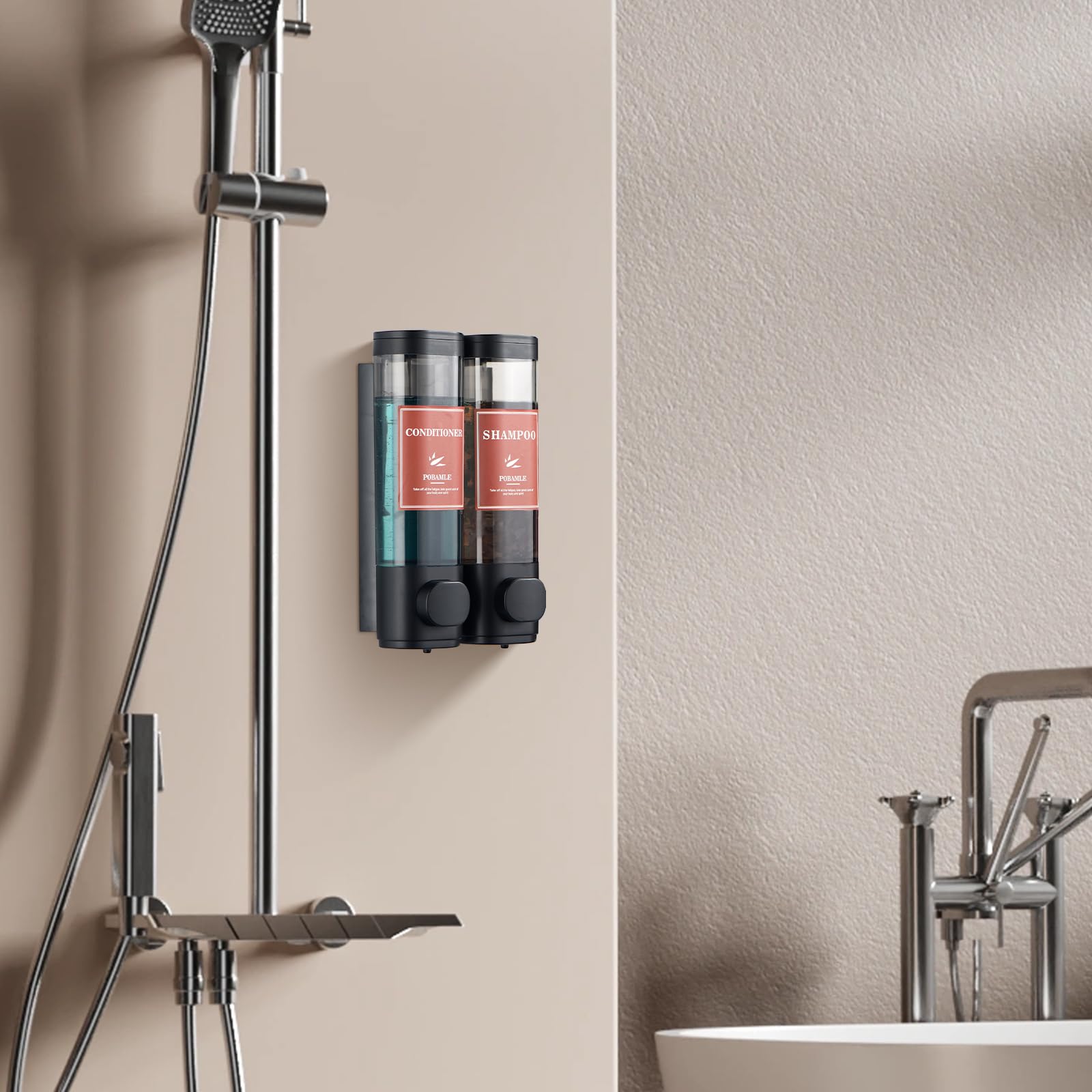 Wall Mounted Shampoo & Conditioner Dispenser - No Drill 2-Chamber Soap Dispenser for Shower, Bathroom Body Wash & Shower Gel Holder (Black) - Perfect for Space-Saving Bathroom Organization & Hands-Free Shower Convenience