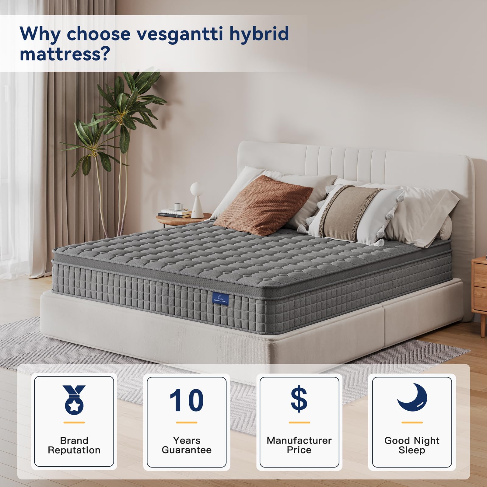 Vesgantti 10 Inch Hybrid King Mattress - Memory Foam & Pocket Spring Support, Medium Firm Feel, Breathable & Ergonomic Design, Multiple Sizes (Twin/Queen/King), Grey - Perfect for Back Pain Relief, Guest Rooms & Master Bedrooms