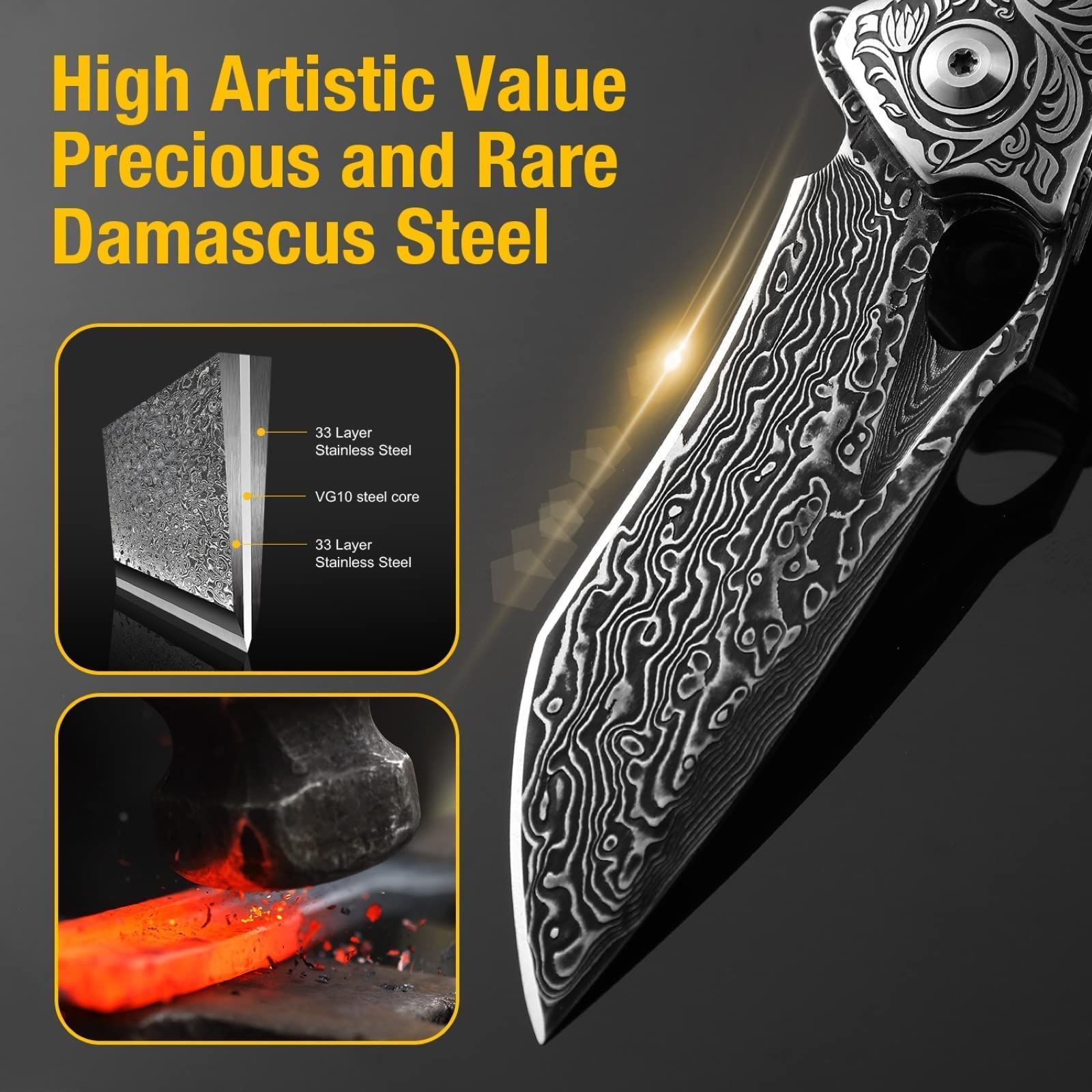 Premium Damascus Steel Pocket Knife for Men - Handmade Real Damascus Folding Knife with Clip & Leather Sheath - Perfect Gift for Father's Day, Valentine's Day - Ideal for Camping, Hiking, Outdoor Adventures & Everyday Carry (EDC)