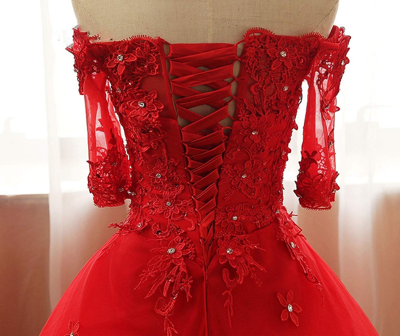 Elegant Off Shoulder Beaded Quinceanera Dress with Lace Appliques - Women's Prom Ball Gown with Half Sleeves (AR175) | Perfect for Quinceañeras, Prom Nights, Weddings & Special Occasions