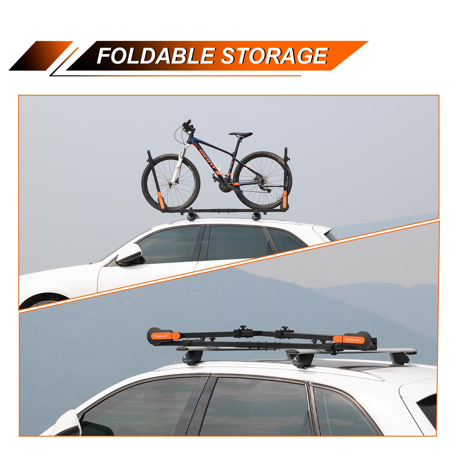 TOOENJOY Car SUV Rooftop Bike Rack - Adjustable Upright Roof Mount Bicycle Carrier with 2 Arms for Movable Crossbar (Fits 1 Bike) | Perfect for Road Trips, Camping & Outdoor Adventures