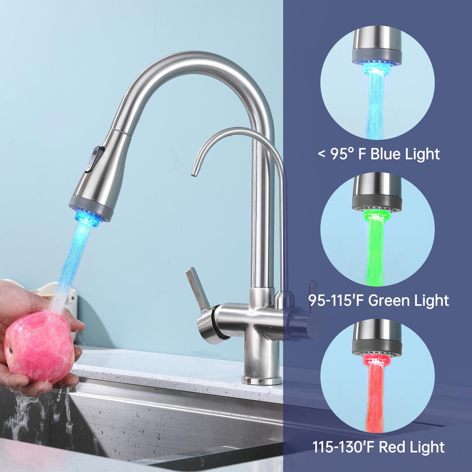 Brushed Nickel 3-in-1 Kitchen Sink Faucet with Pull Down LED Light Sprayer & Water Filter Purifier - Dual Handle Design for Farmhouse, Laundry, Camper, RV & Bar Use