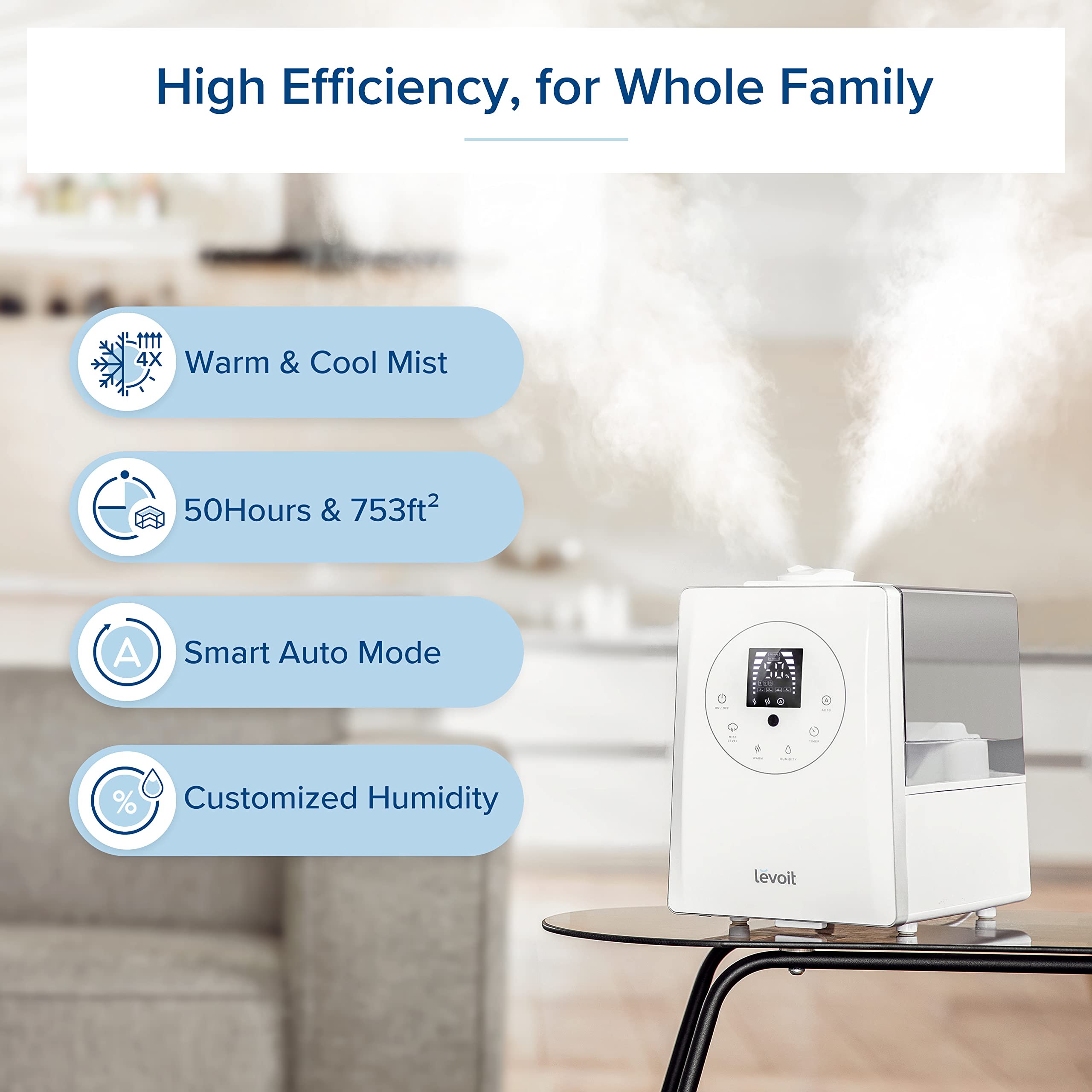LEVOIT 6L Ultrasonic Humidifier - Warm & Cool Mist for Large Rooms, Bedrooms & Whole House | Built-in Humidity Sensor, Essential Oil Diffuser | Whisper Quiet with Timer | Ideal for Dry Air Relief, Baby Nurseries & Plant Care (White)