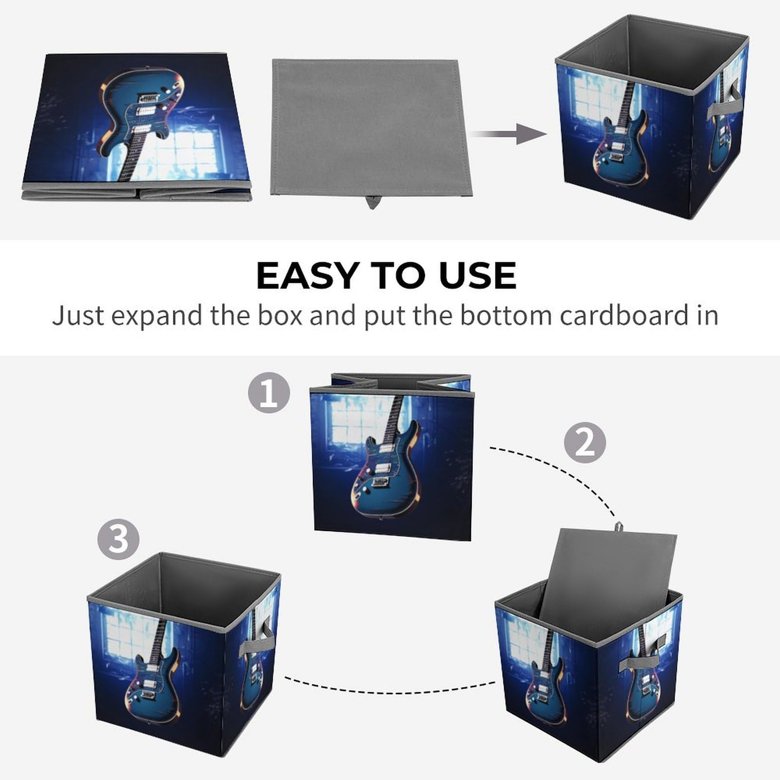 Foldable Blue Guitar Storage Cubes with Handles - Closet Organizer Bins for Cabinet, Shelf & Wardrobe - Perfect for Bedroom, Kids Room & Office Organization