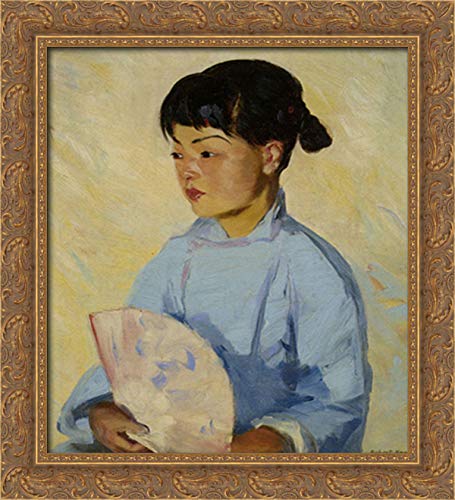 Robert Henri Chinese Girl With Fan 20x22 Gold Ornate Wood Framed Canvas Art - Vintage Wall Decor for Living Room, Bedroom & Office