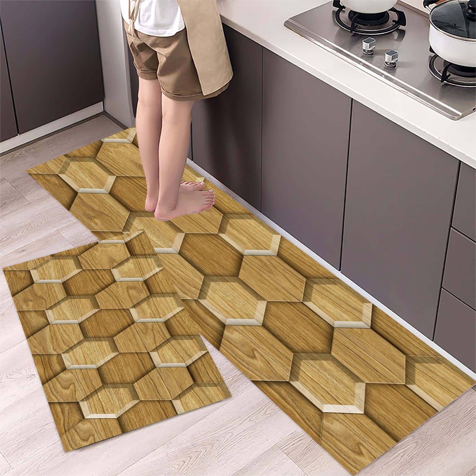 Non-Slip Geometric Flower Kitchen Mat - 16x24 Inch Cushioned Rug for Comfortable Standing