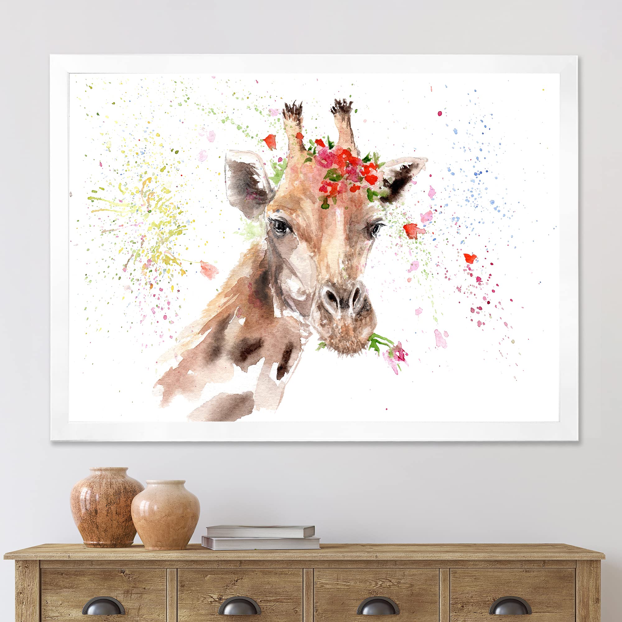 DesignQ Giraffe with Flowers III - Farmhouse Framed Wall Art for Living Room, Bedroom & Office Decor | Modern Animal Portrait Painting for Home & Office