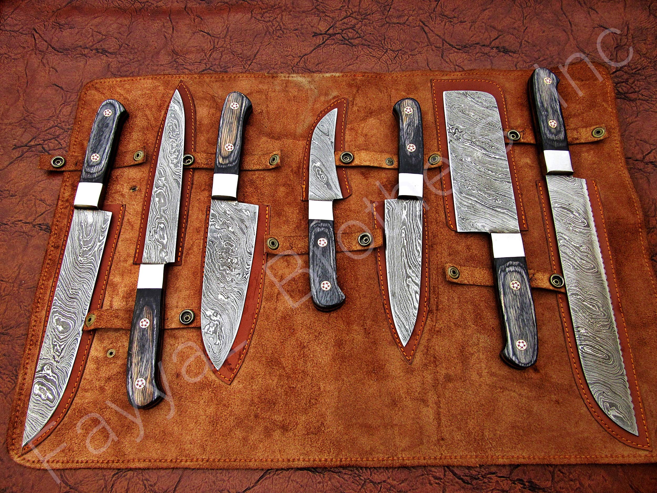 Premium Damascus Steel Kitchen Knife Set - 7-Piece Handcrafted Chef Knives with Black Wood Handle (FBK-1097) | Perfect for Home Cooking, Professional Chefs & Gift Giving