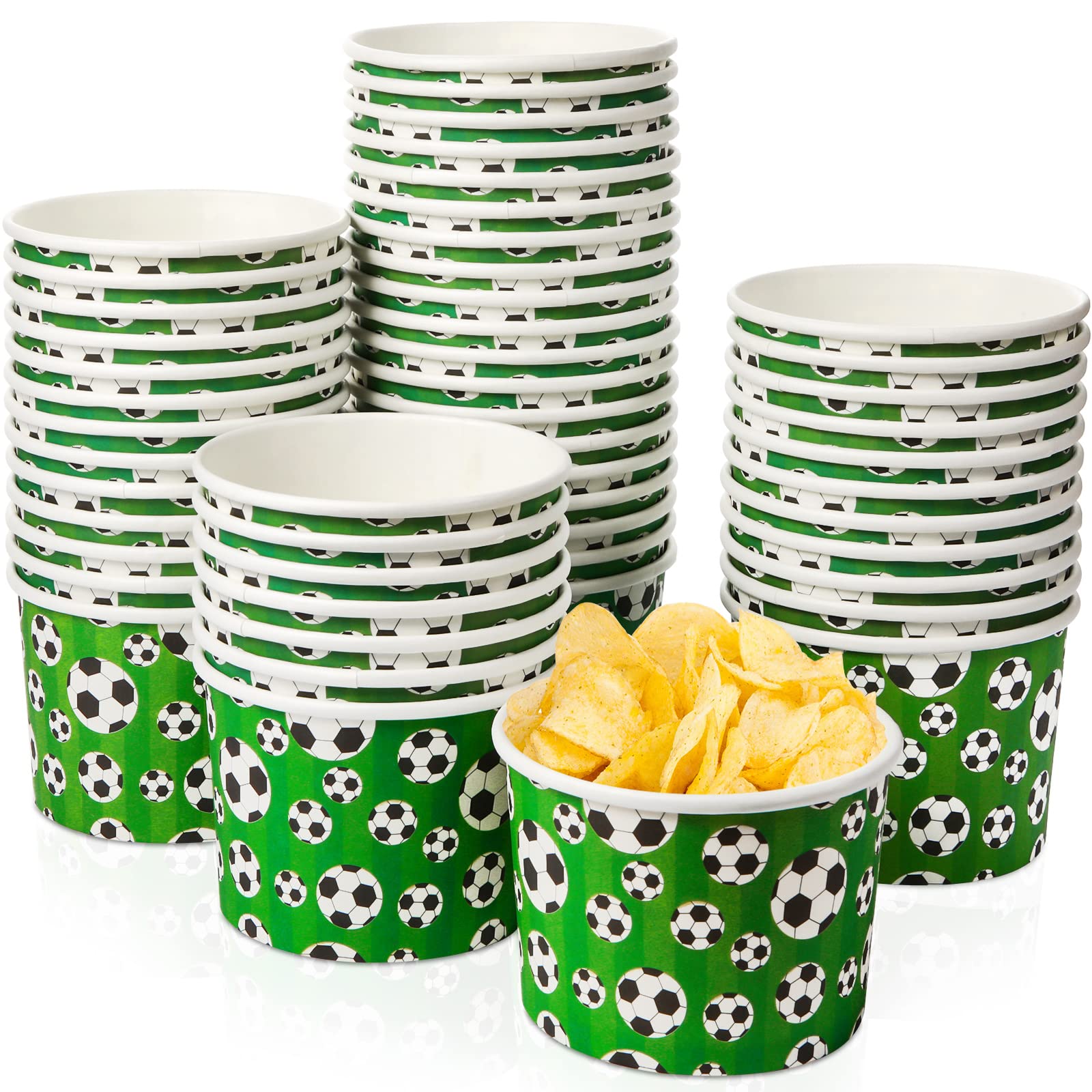 50 Pack 9 oz Disposable Paper Cups - Sports Party Snack Bowls for Ice Cream, Desserts, Soup, Hot & Cold Food - Eco-Friendly & Leak-Proof - Perfect for Birthday Parties, Picnics, BBQs (Soccer Design)