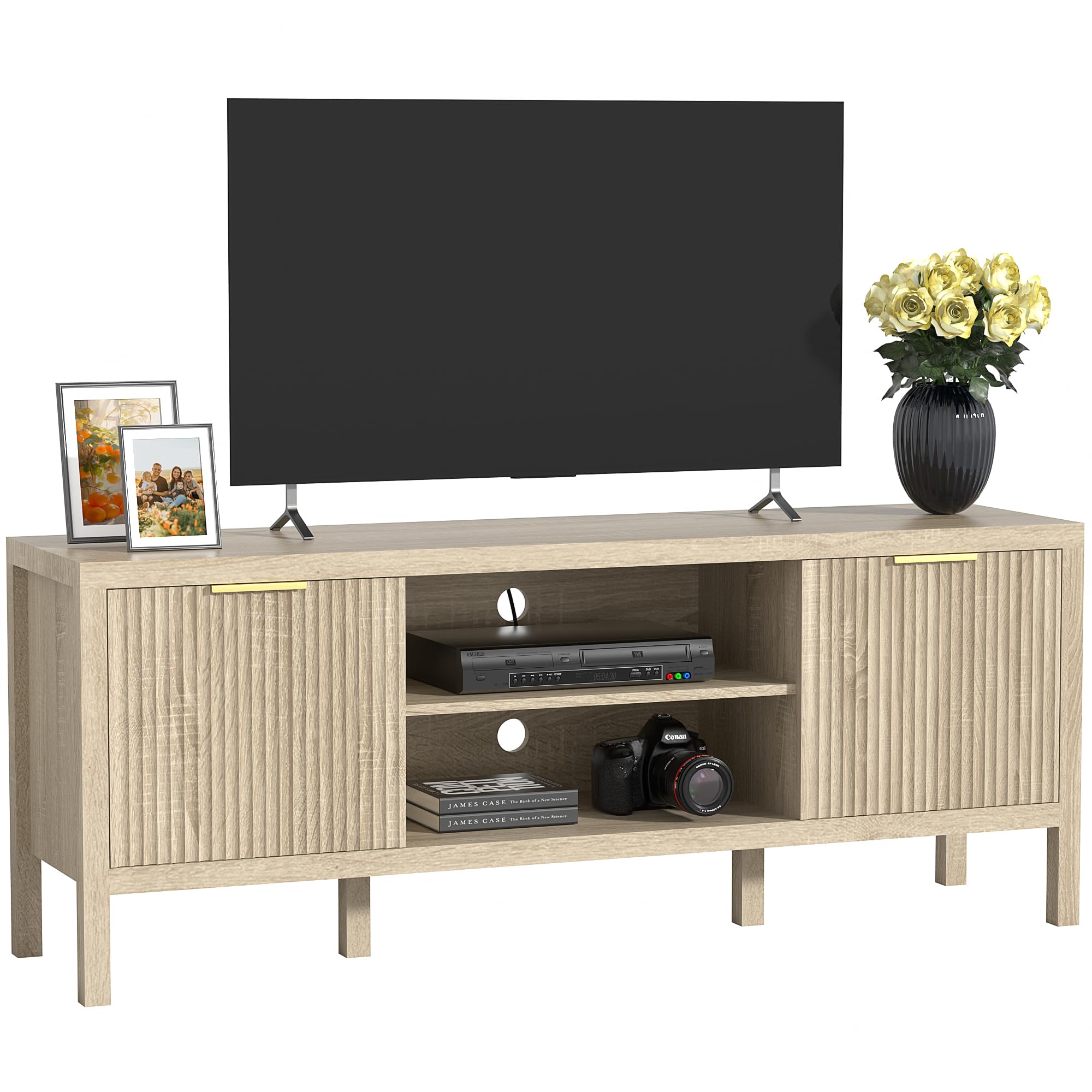 Mid Century Modern Fluted TV Stand with Storage Cabinet - Heavy Duty Entertainment Center for 65-Inch TVs - Sunwashed Ash Oak Finish - Perfect for Bedroom, Living Room & Home Theater Setup