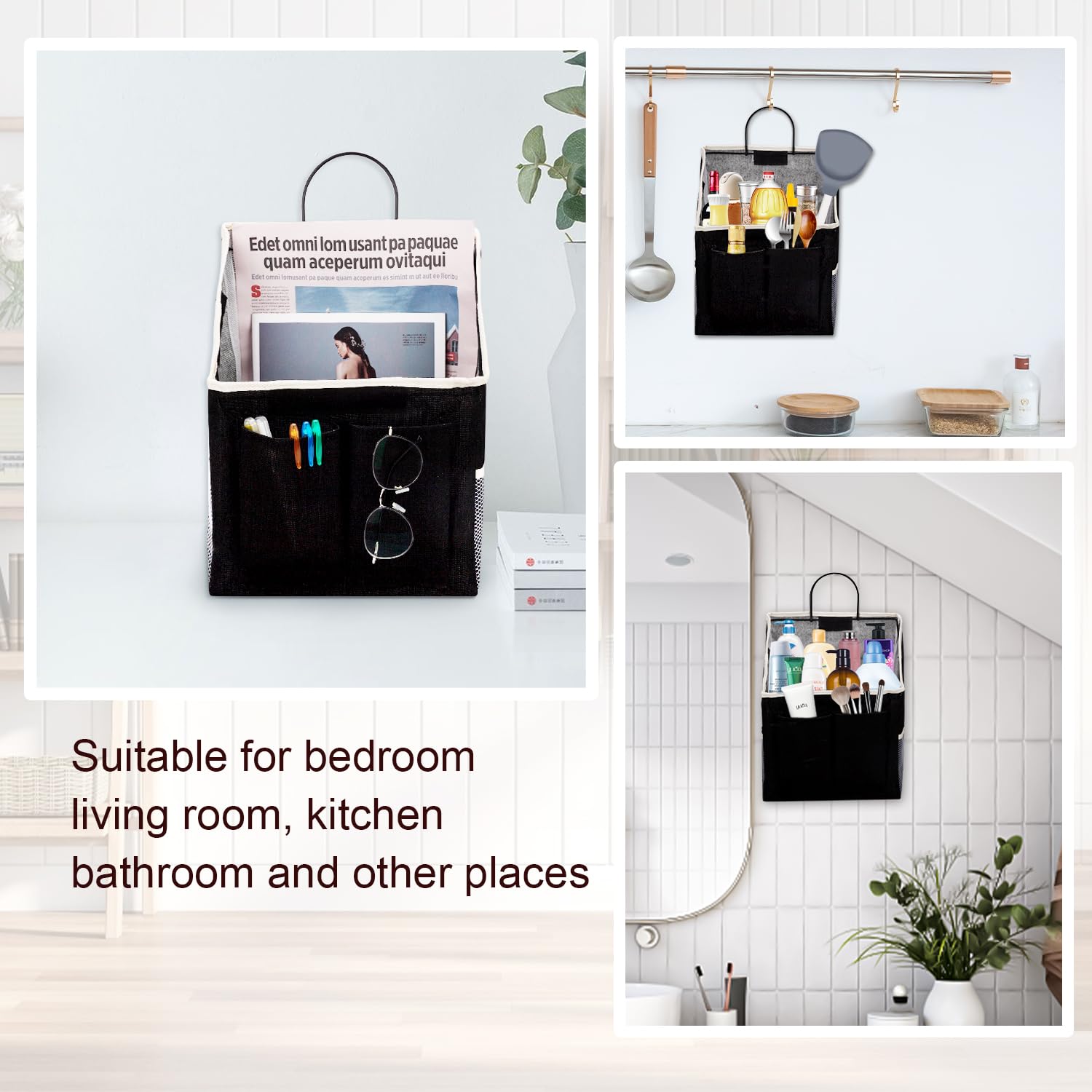 LYroo Black Wall Hanging Storage Organizer with 6 Pockets - Space Saving Closet, Bathroom & Bedroom Organizer for Towels, Cosmetics, Toys - Perfect for Dorm, RV & Home Organization (Large Size)