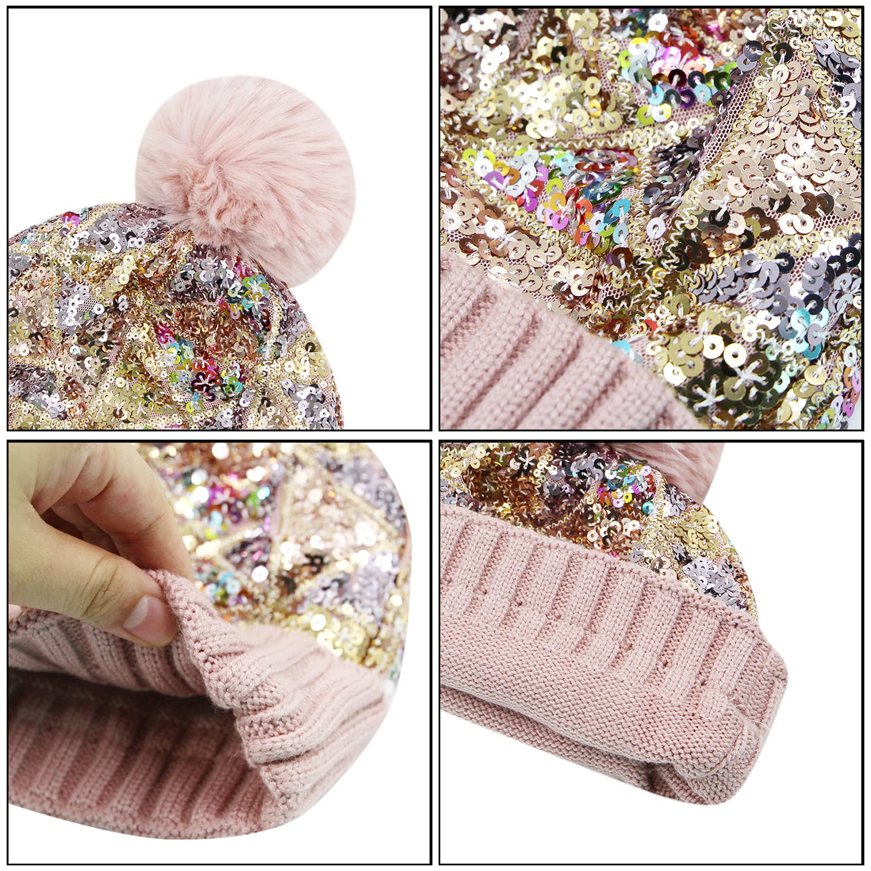 BOLLEY JOSS Women's Winter Beanie Hat with Glitter Sequins & Faux Fur Pom Pom - Colorful Knit Skull Cap for Skiing, Snowboarding & Cold Weather Fashion