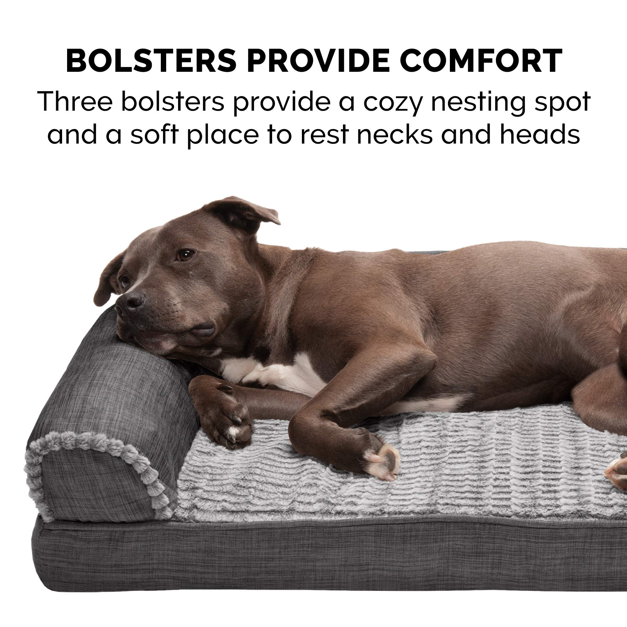 Furhaven Orthopedic Memory Foam Dog Bed for Large Dogs Up to 95 lbs - Removable Bolsters & Machine Washable Cover - Plush Faux Fur & Cooling Linen Sofa Style - Charcoal Grey (Jumbo/XL) - Perfect for Living Room, Bedroom or Pet-Friendly Office Spaces