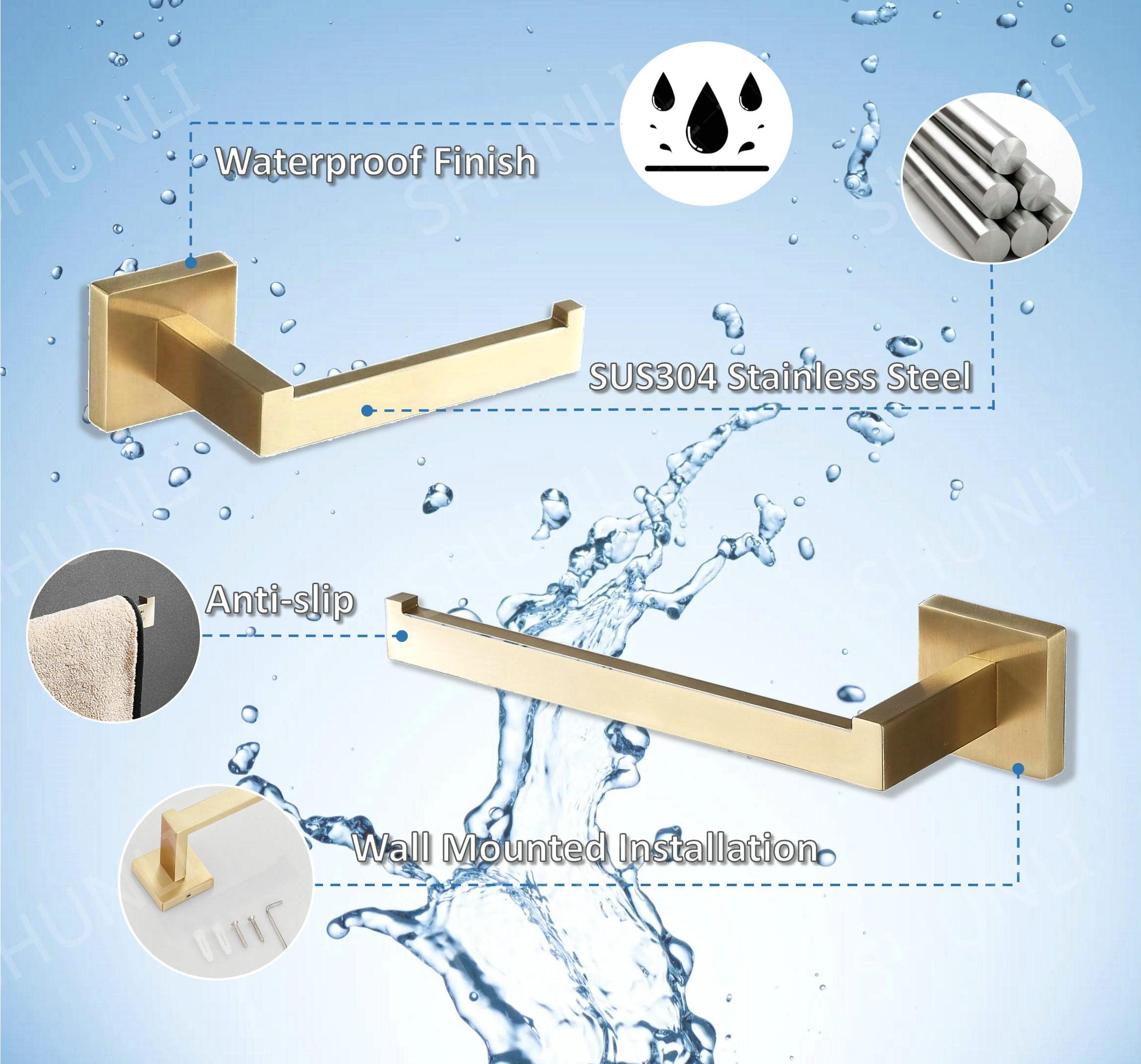 SHUNLI Brushed Gold Toilet Paper Holder & Hand Towel Holder Set - 2 Piece Wall Mounted Bathroom Hardware, SUS304 Stainless Steel Towel Ring & Bar for Modern Home Decor