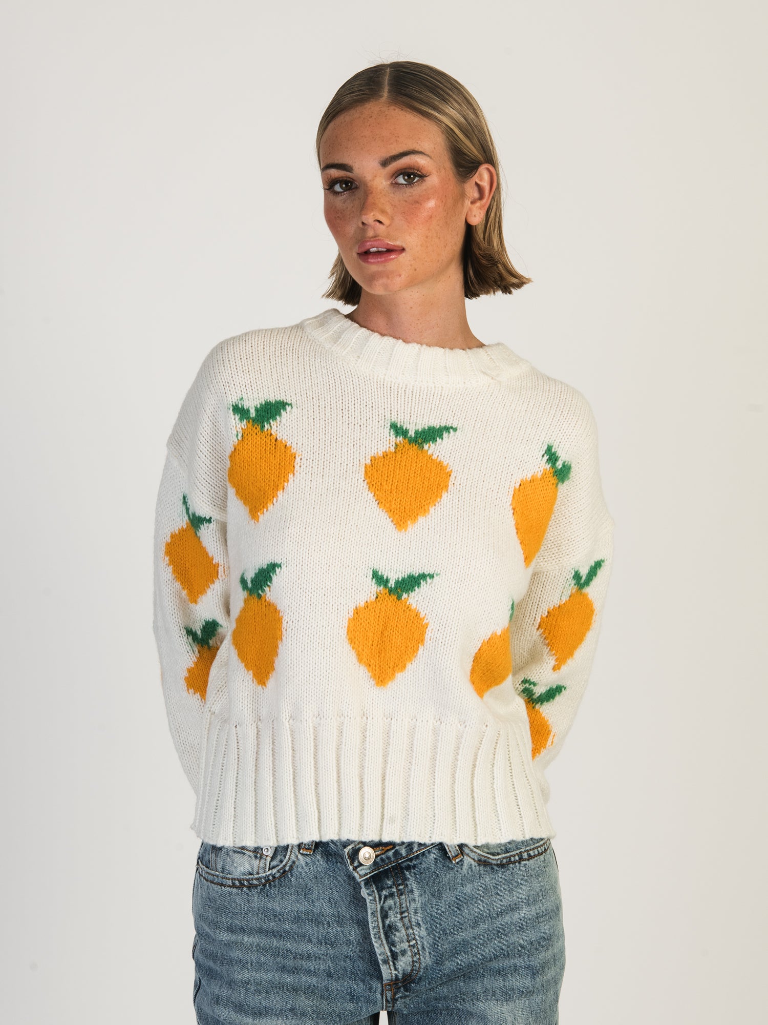 DAISY STREET LTD Women's Knitted Lemon Sweater - Cozy Pullover for Casual Wear & Fall Fashion