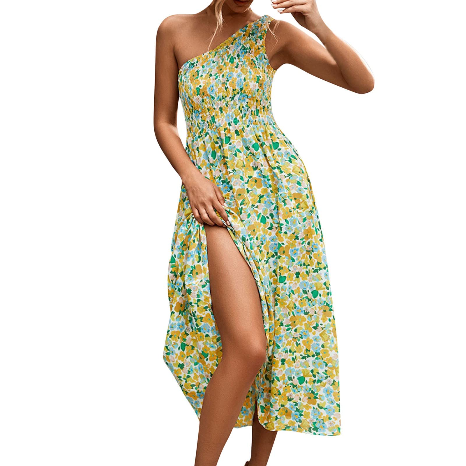Women's Floral One Shoulder Sun Dress - Casual Long Sleeveless Summer Dress in Black | Perfect for Beach Vacations, Garden Parties & Date Nights