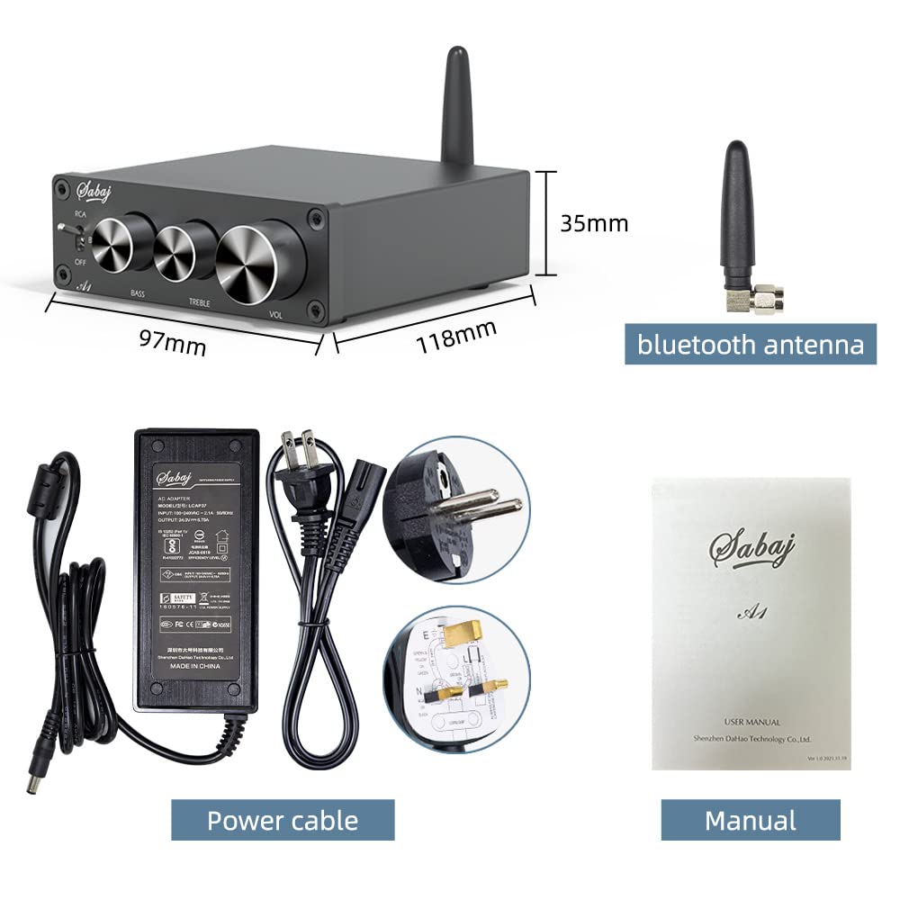 SABAJ A1 Bluetooth 5.0 Digital Amplifier - 80W x 2 HiFi Stereo Receiver with MA12070 Chip, Class D 2.0 Channel Audio AMP for Home Theater & Bookshelf Speakers - Bass & Treble Control Knobs for Perfect Sound Tuning