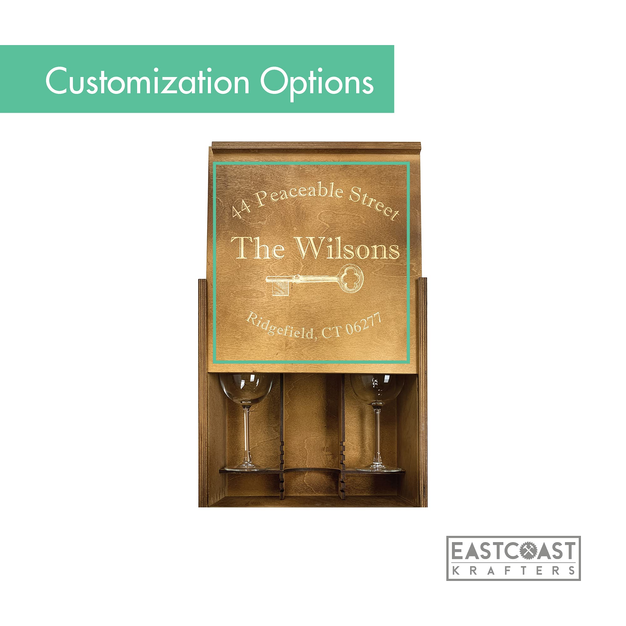 Personalized Engraved Wooden Wine Gift Box with Homeowner Key - Elegant Stained Finish - Perfect for Housewarming, Anniversary & Wedding Gifts
