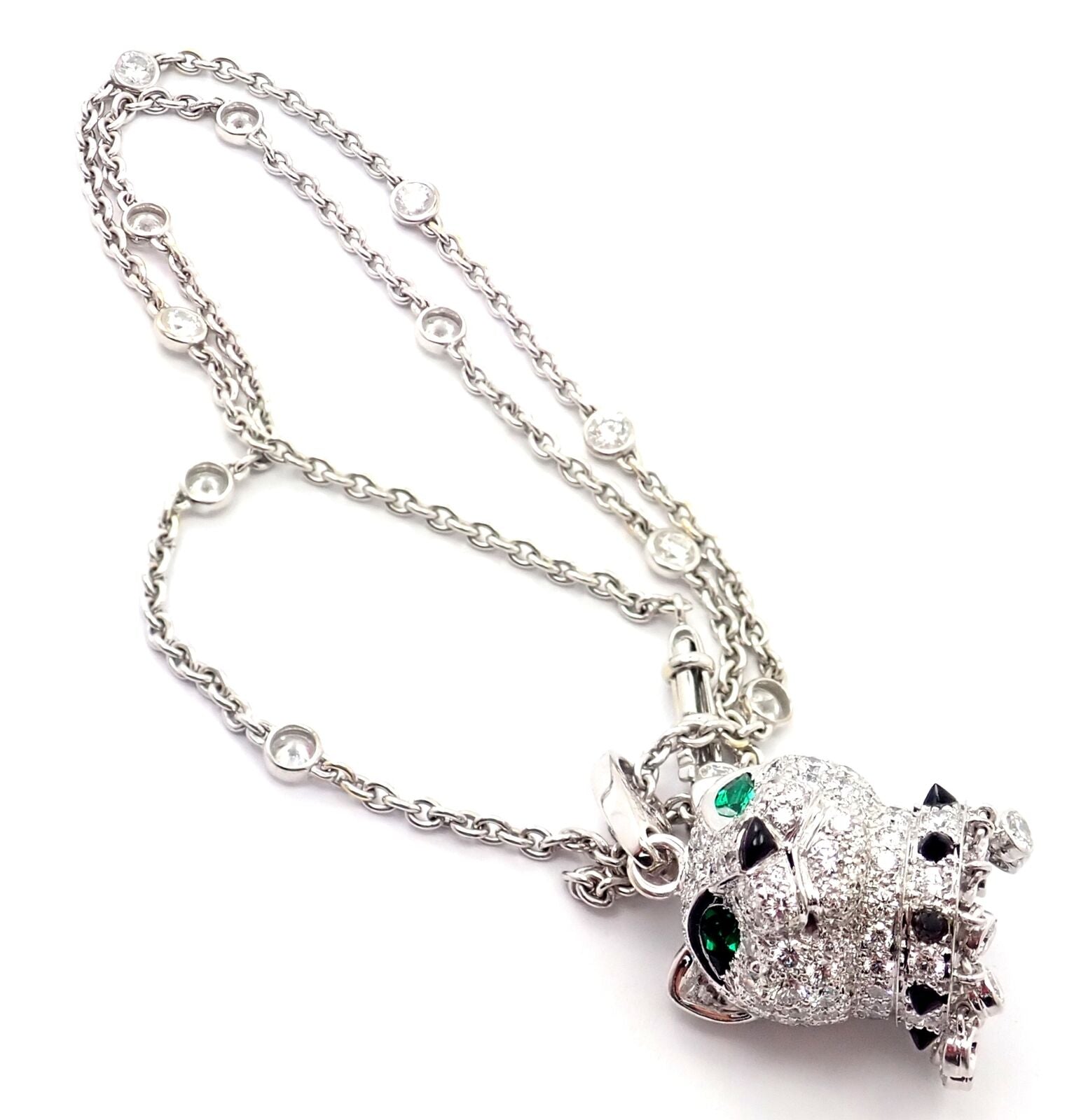 Authentic Cartier Panther 18k White Gold Diamond Emerald Onyx Pendant Necklace - Luxury Jewelry Gift for Women, Perfect for Weddings & Special Occasions