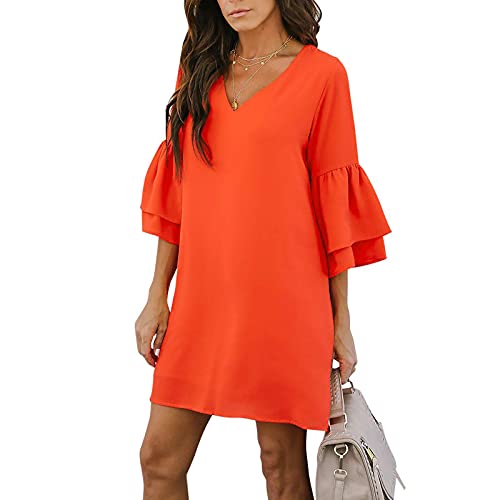 TIMIFIS Women's Summer Casual Mini Dress - Bell Sleeve, V Neck, Loose Fit Solid Color Shift Dress for Beach, Vacation & Outdoor Activities