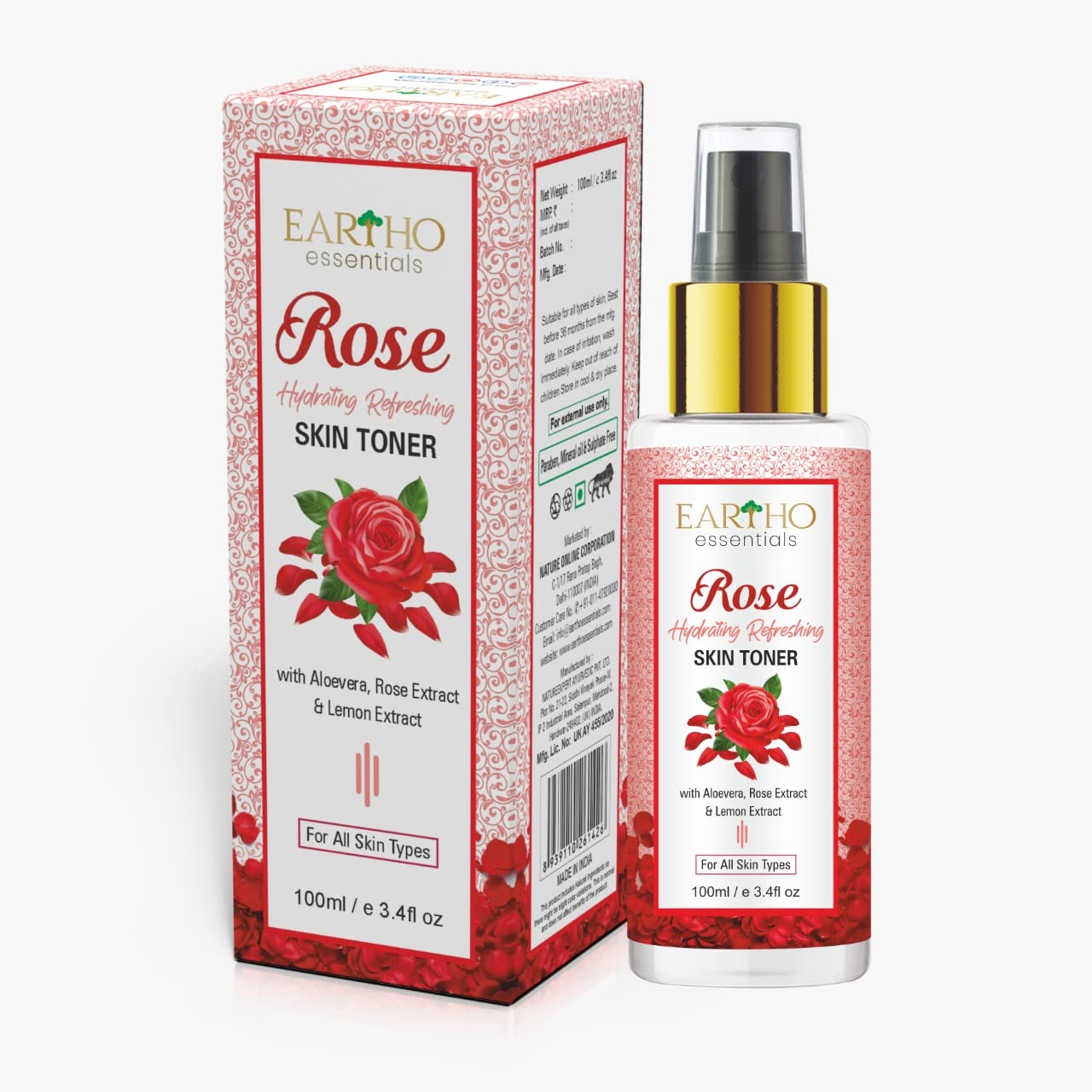 Eartho Essentials Rose Hydrating & Refreshing Facial Toner with Rose Ark, Aloe Vera & Lemon Extract - 100ml for Dry & Sensitive Skin | Daily Skincare Routine, Post-Cleansing Hydration, Makeup Prep