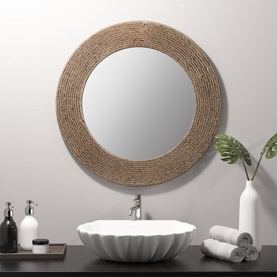 Natural Jute Rope Round Wall Mirror 26 Inch - Boho Coastal Home Decor for Living Room, Bedroom, or Bathroom