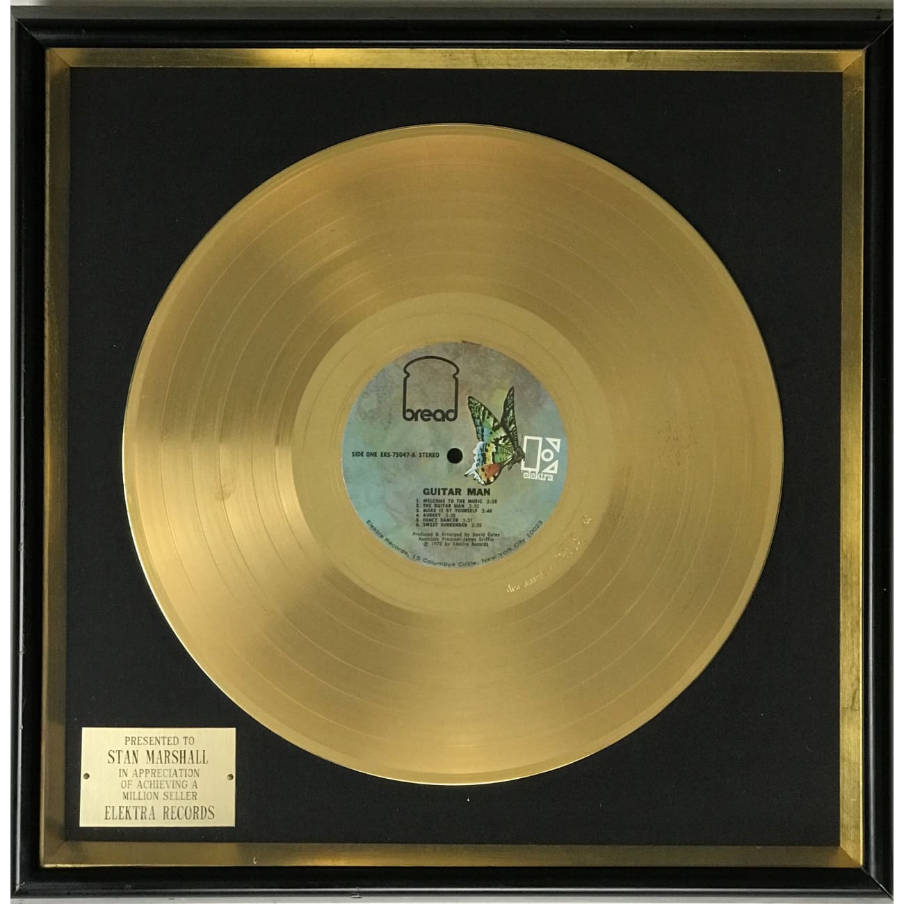 1972 Limited Edition Bread Guitar Man Disc Award - Rare Vintage Collectible for Music Memorabilia Enthusiasts & Rock Fans