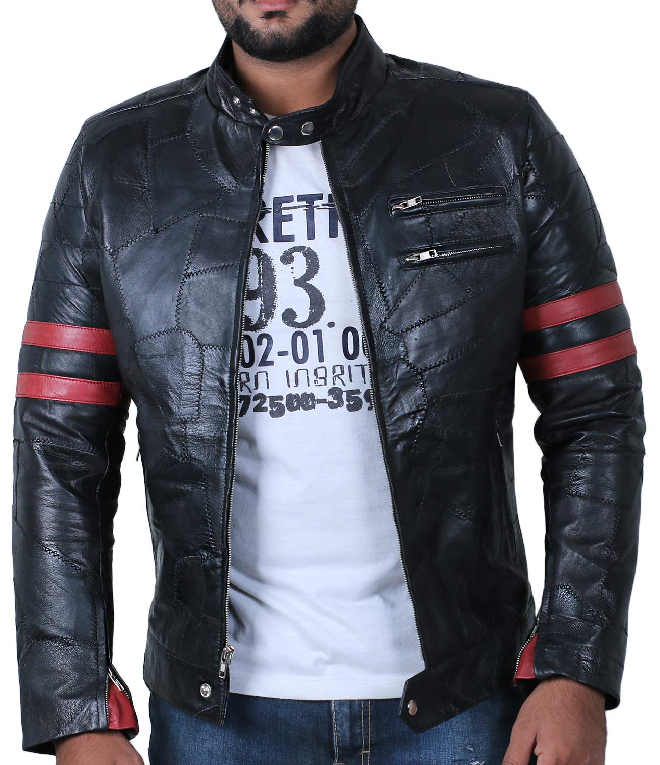 Premium Genuine Lambskin Leather Jacket for Men - Black Racer Style with Patchwork Design | Fashion Outerwear for Motorcycle Riding, Casual Wear & Night Out