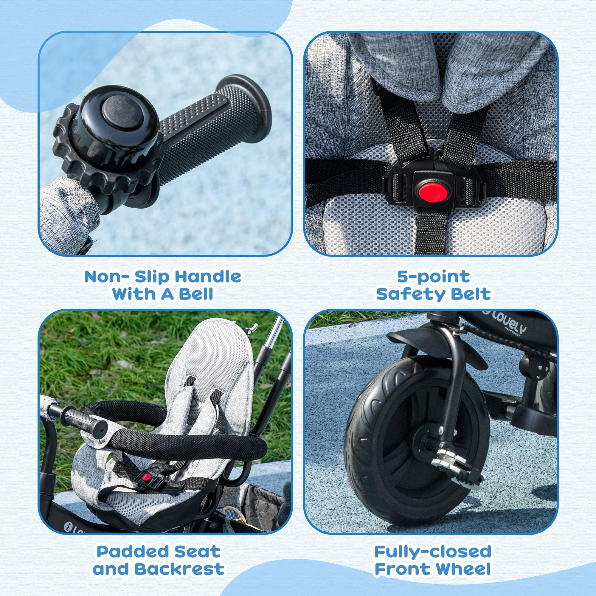 Qaba 6-in-1 Toddler Tricycle with Foldable Canopy & Storage Basket - Adjustable 5-Point Safety Harness Trike for Kids 1-5 Years Old (Grey) - Perfect for Outdoor Play, Park Rides & Learning Balance
