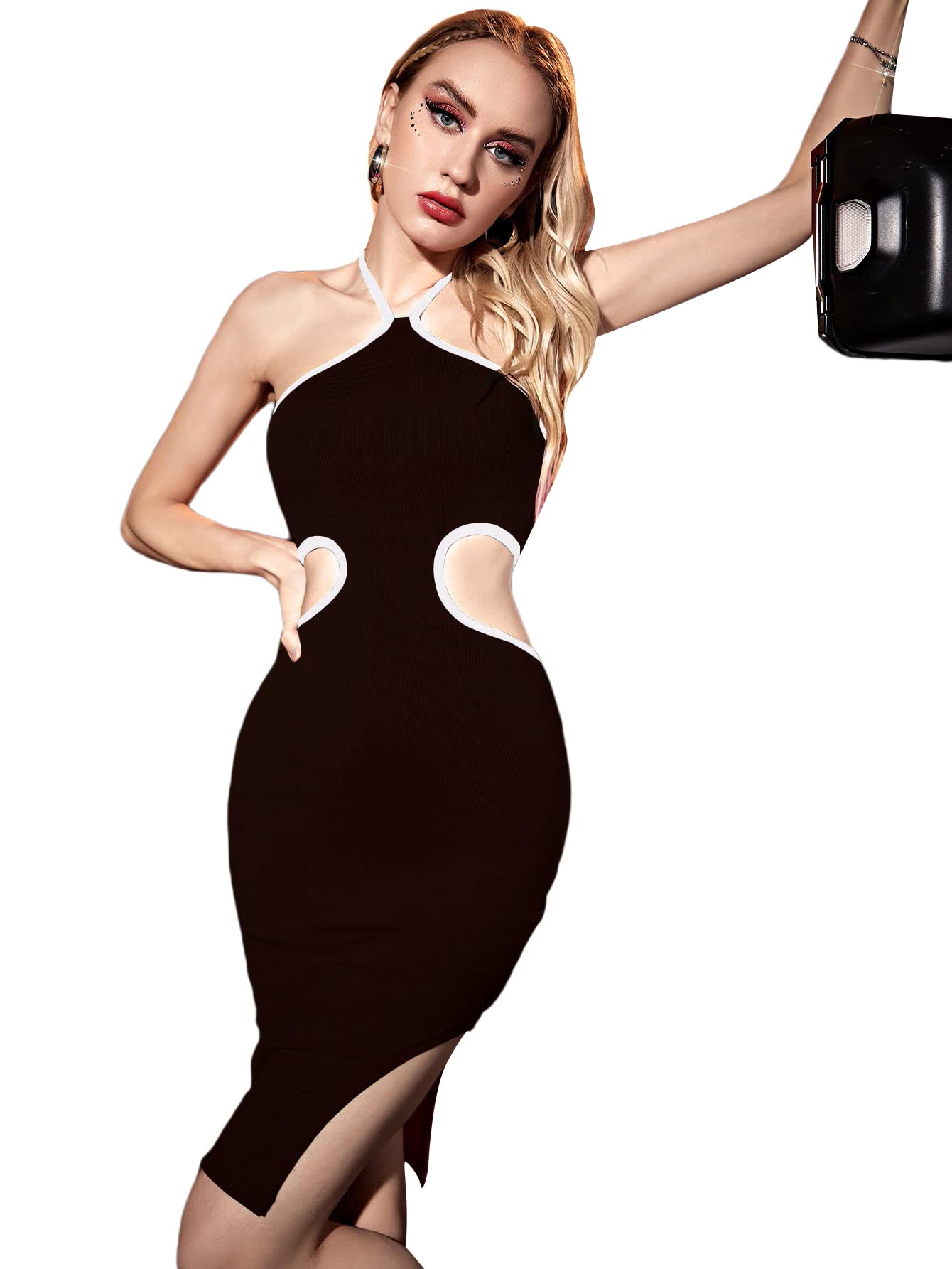 SOLY HUX Women's Sexy Bodycon Dress - Sleeveless Cut-Out Halter Mini Dress with Tie Back & High Slit for Summer Parties, Club Wear & Night Out