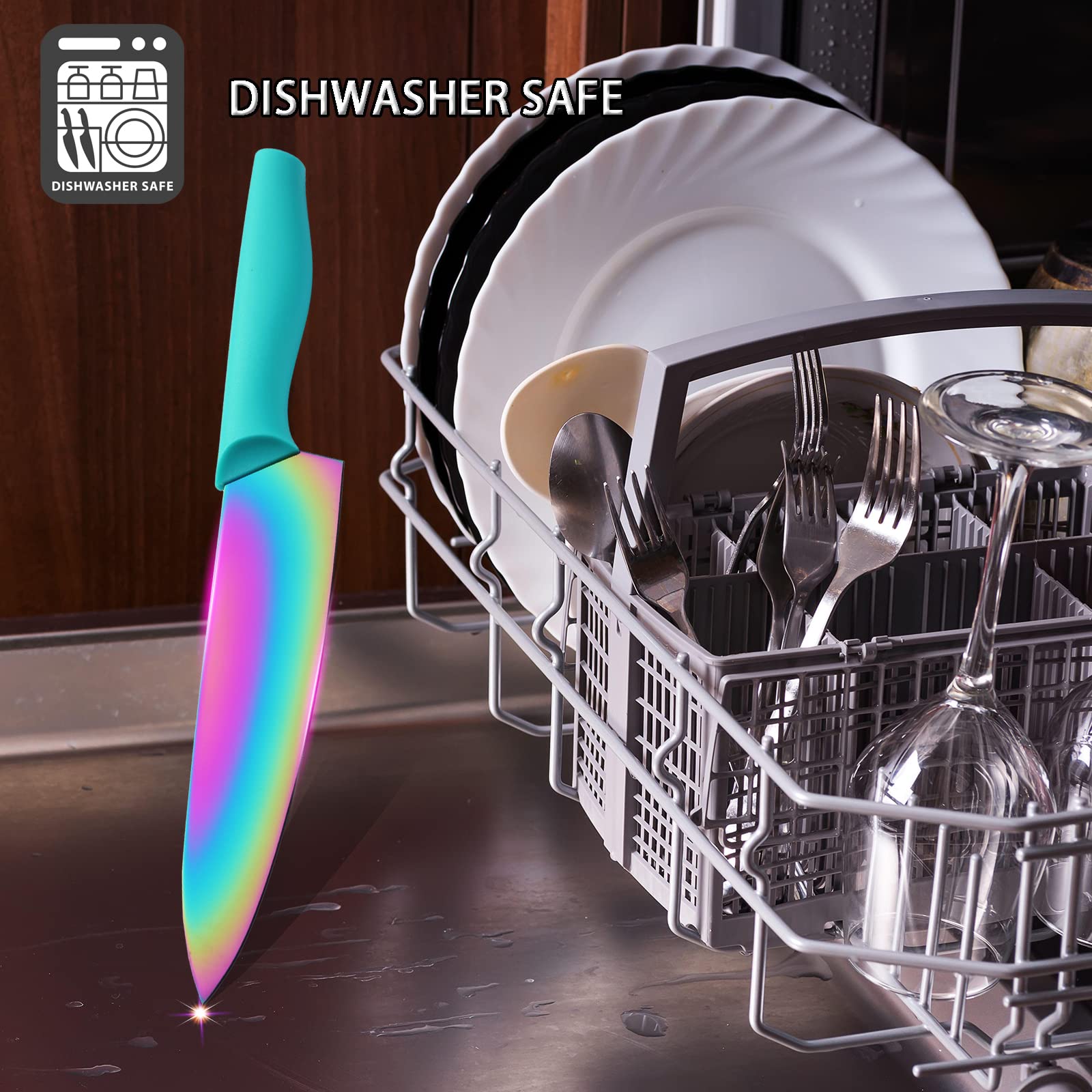 **17-Piece Marco Almond Stainless Steel Knife Set with Spoons & Blade Guards - Rainbow Color Kitchen Knives for Cooking, Baking & Meal Prep**