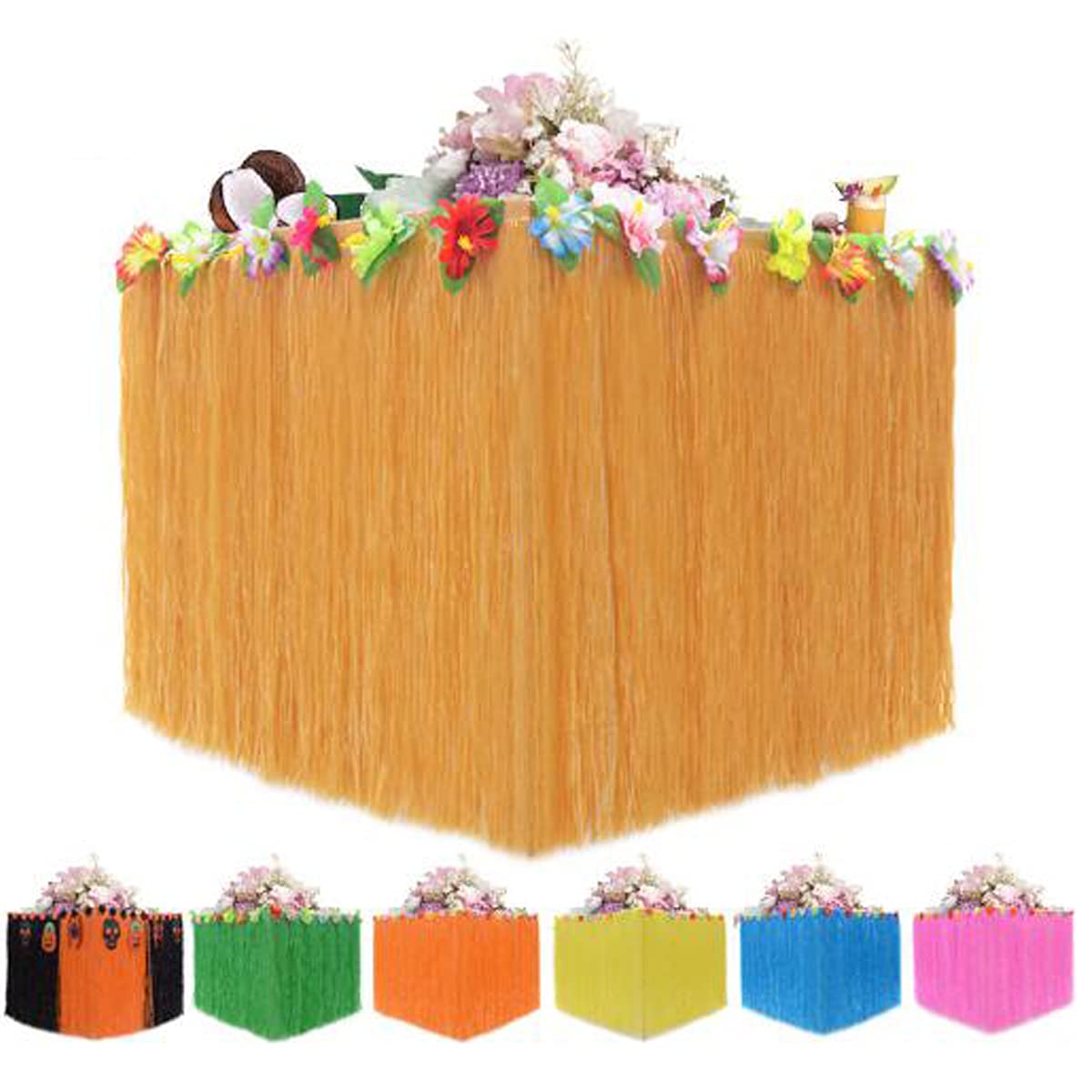Hawaiian Grass Table Skirt 9ft - Tropical Luau Party Decor with Hibiscus Flowers for Island Theme Party, Army Green - Perfect for Hawaiian Luau, Beach Weddings & Summer Backyard Decorations
