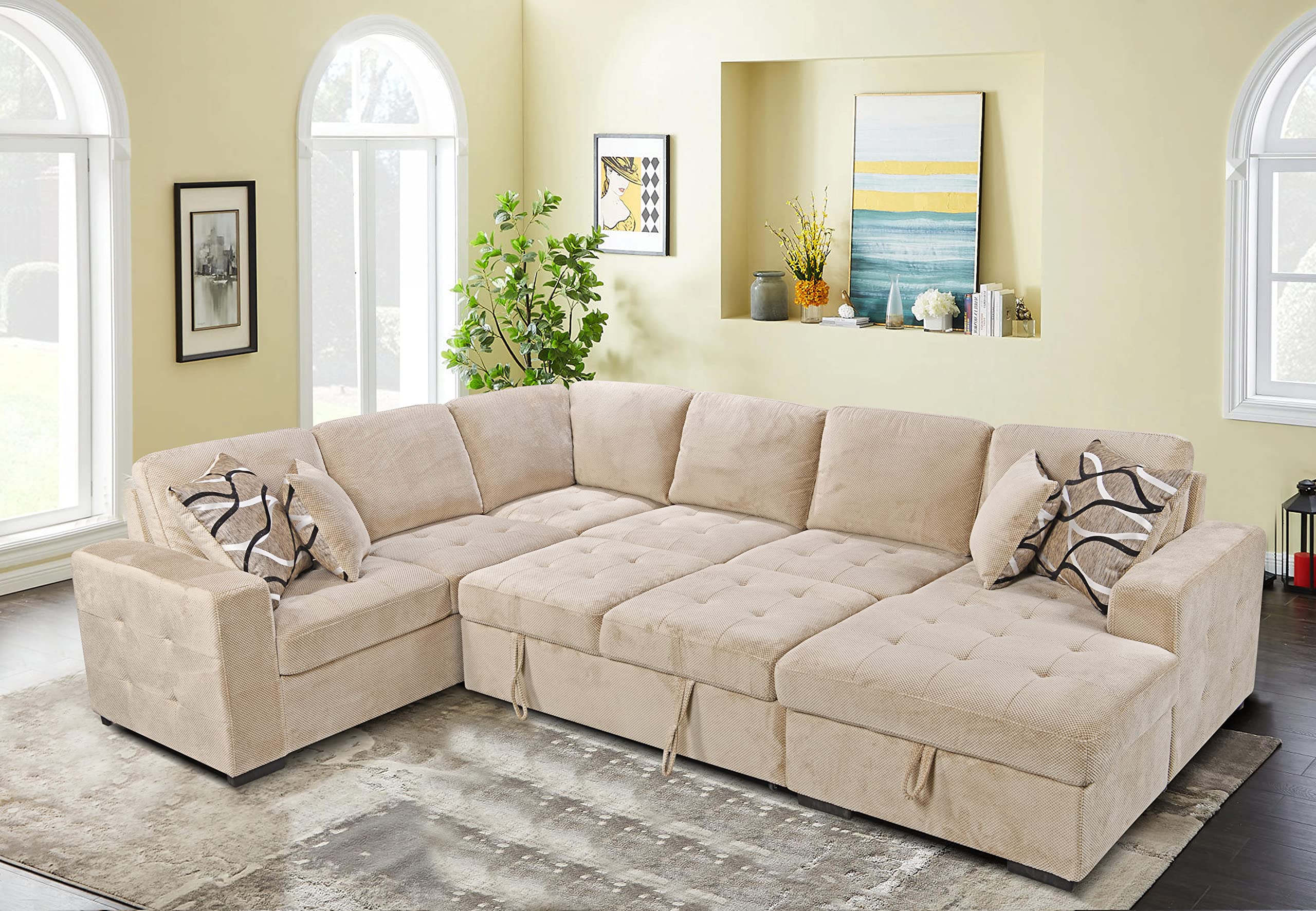 ERYE U-Shaped Sectional Sofa with Pull-Out Sleeper Bed & Storage Chaise Lounge - Modern Upholstered Living Room Furniture Set with 4 Pillows (Beige) | Perfect for Apartments, Home Offices & Small Spaces