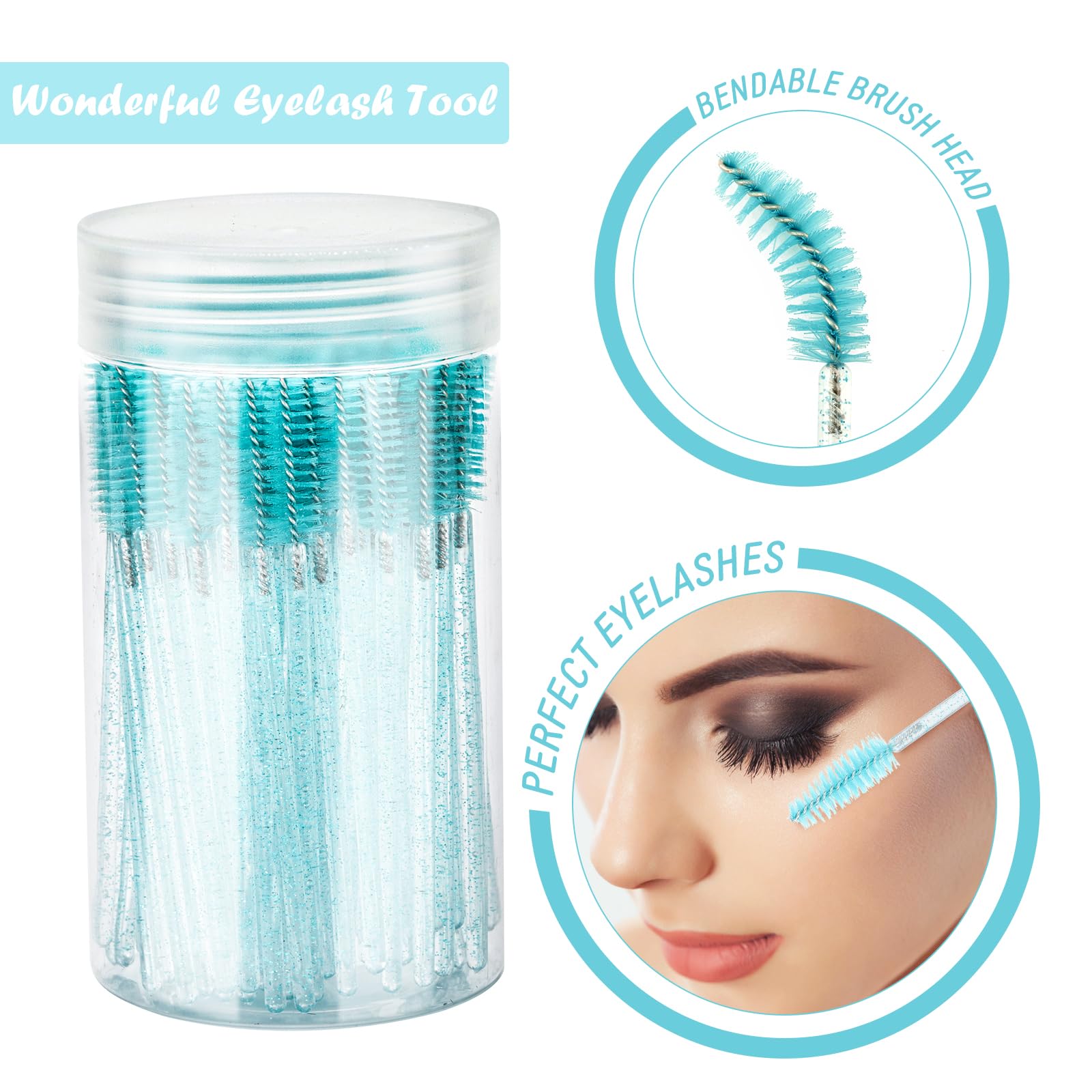 100PCS Disposable Eyelash Brushes & Mascara Wands with Storage Container - Bendable Eyebrow Spoolies for Lash Extensions, Castor Oil Application & Makeup - Perfect for Salons, DIY Beauty & Professional Use (Crystal Blue)
