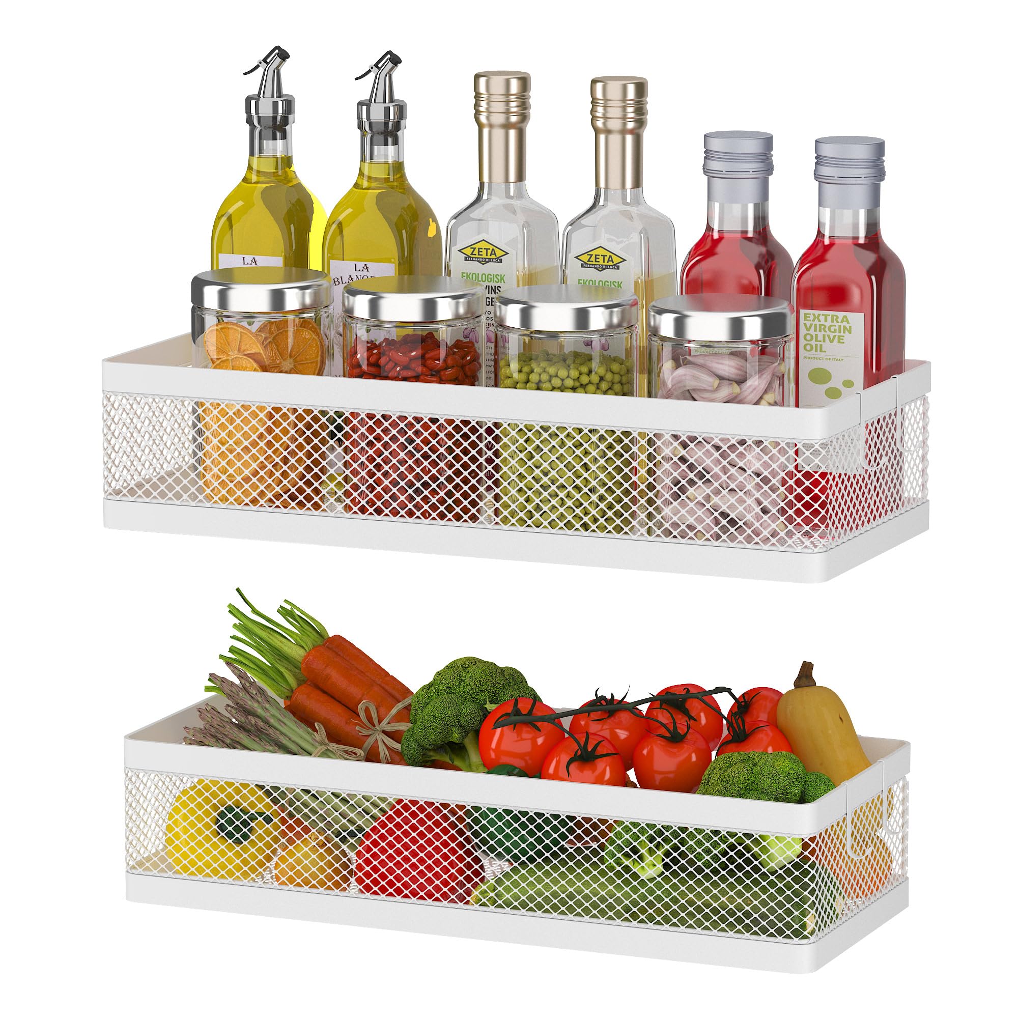 PUSDON Hanging Storage Baskets Organizer - 2 Pack White Metal Wire Wall Mount Storage Bins for Kitchen, Bathroom & Shower | Spice Shelf, Home Decor Essentials with Netting | Perfect for Small Space Organization & Clutter-Free Living