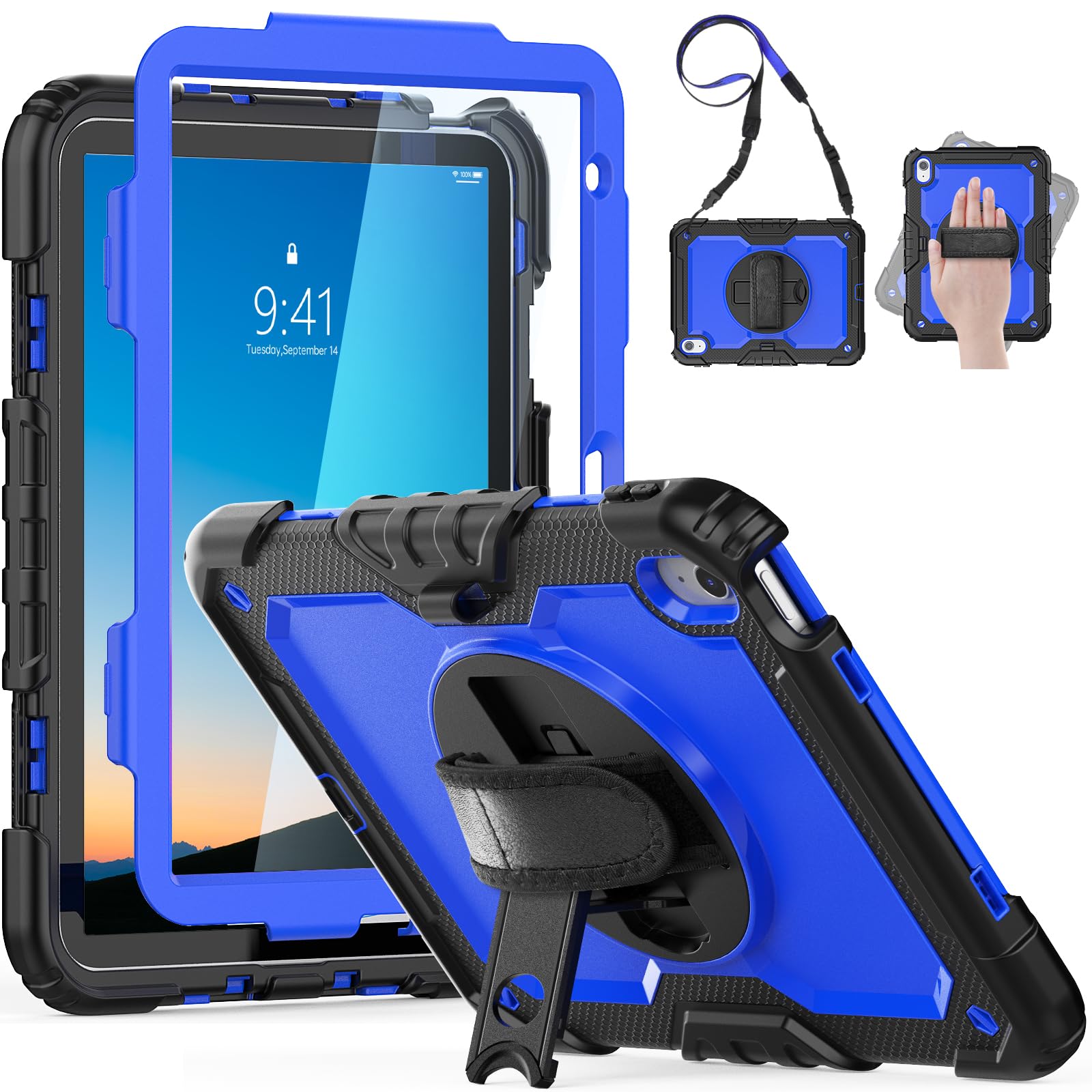 Shockproof iPad Case for iPad 11th/10th Generation (2025/2022) 10.9-11 inch - Heavy Duty Protective Cover with Screen Protector, Pencil Holder & Hand Strap - Compatible with iPad 10/11 Models A2696/A2757/A3354 - Blue - Perfect for Work, Travel & School Use