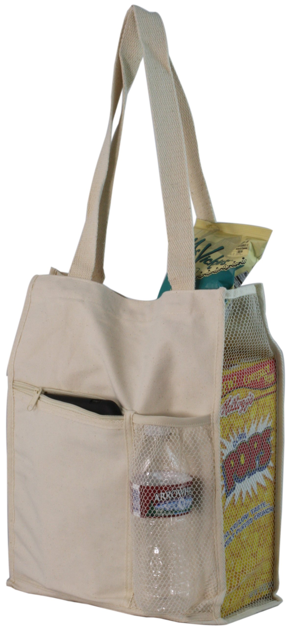 Stylish Canvas Mesh Tote Bag with Bottle Holder - Eco-Friendly Reusable Shopping & Beach Tote for Women - Perfect for Groceries, Picnics, and Travel
