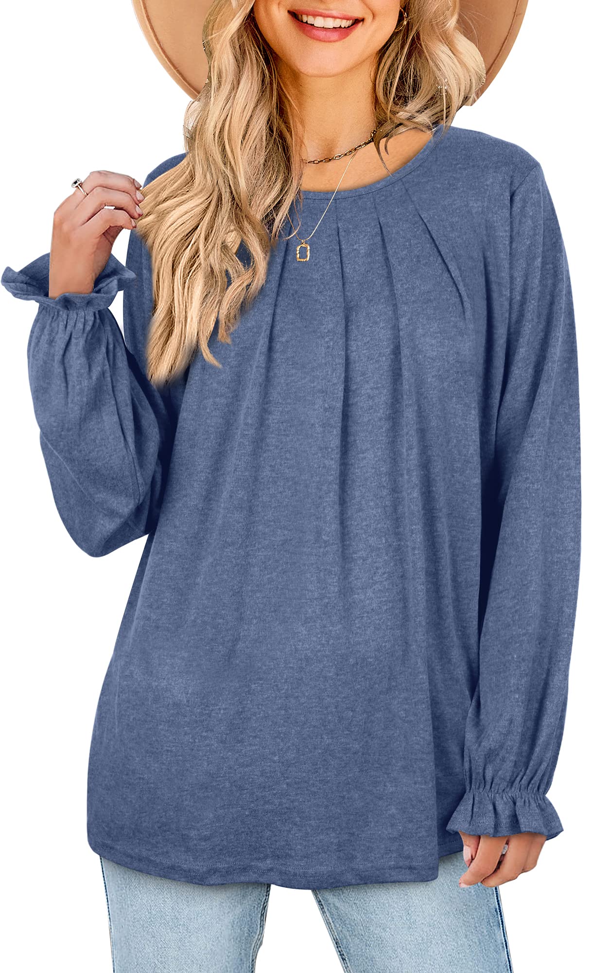 Dofaoo Women's Ruffle Sleeve Tunic Top - Business Casual Crew Neck Blouse in Solid Blue (XXL) | Perfect for Office Wear, Date Night & Spring Outfits