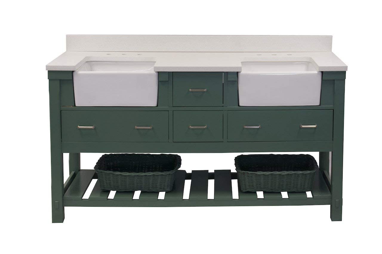 Charlotte 72-inch Double Bathroom Vanity with Quartz Countertop & Sage Green Cabinet - White Ceramic Farmhouse Apron Sinks Included | Perfect for Modern Farmhouse, Coastal, or Transitional Bathroom Designs