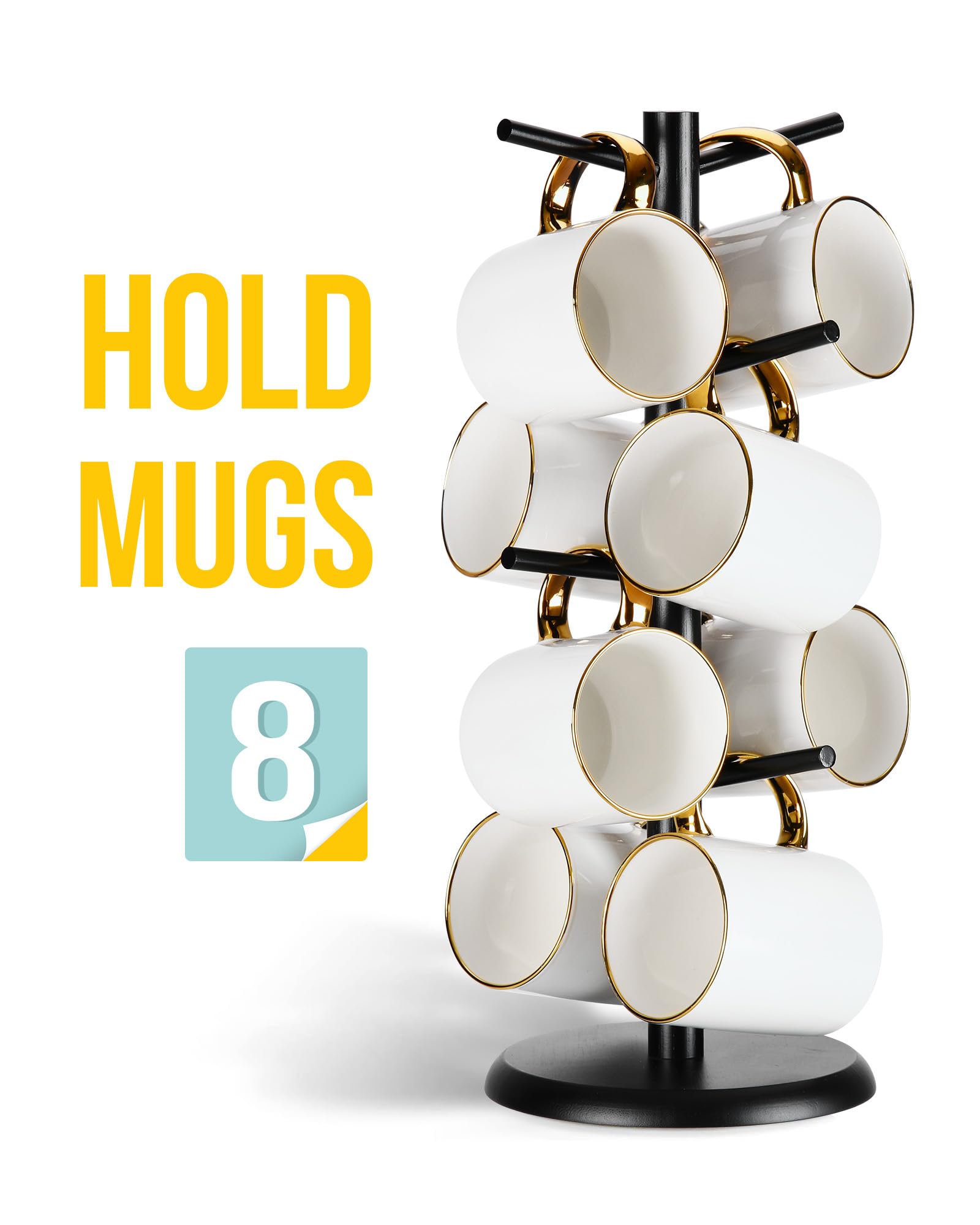 **Lorbro 8-Hook Bamboo Coffee Mug Tree Stand - Countertop Cup Holder for Kitchen & Cafe Decor - Black - Perfect for Organizing Mugs, Tea Cups & Kitchen Accessories**