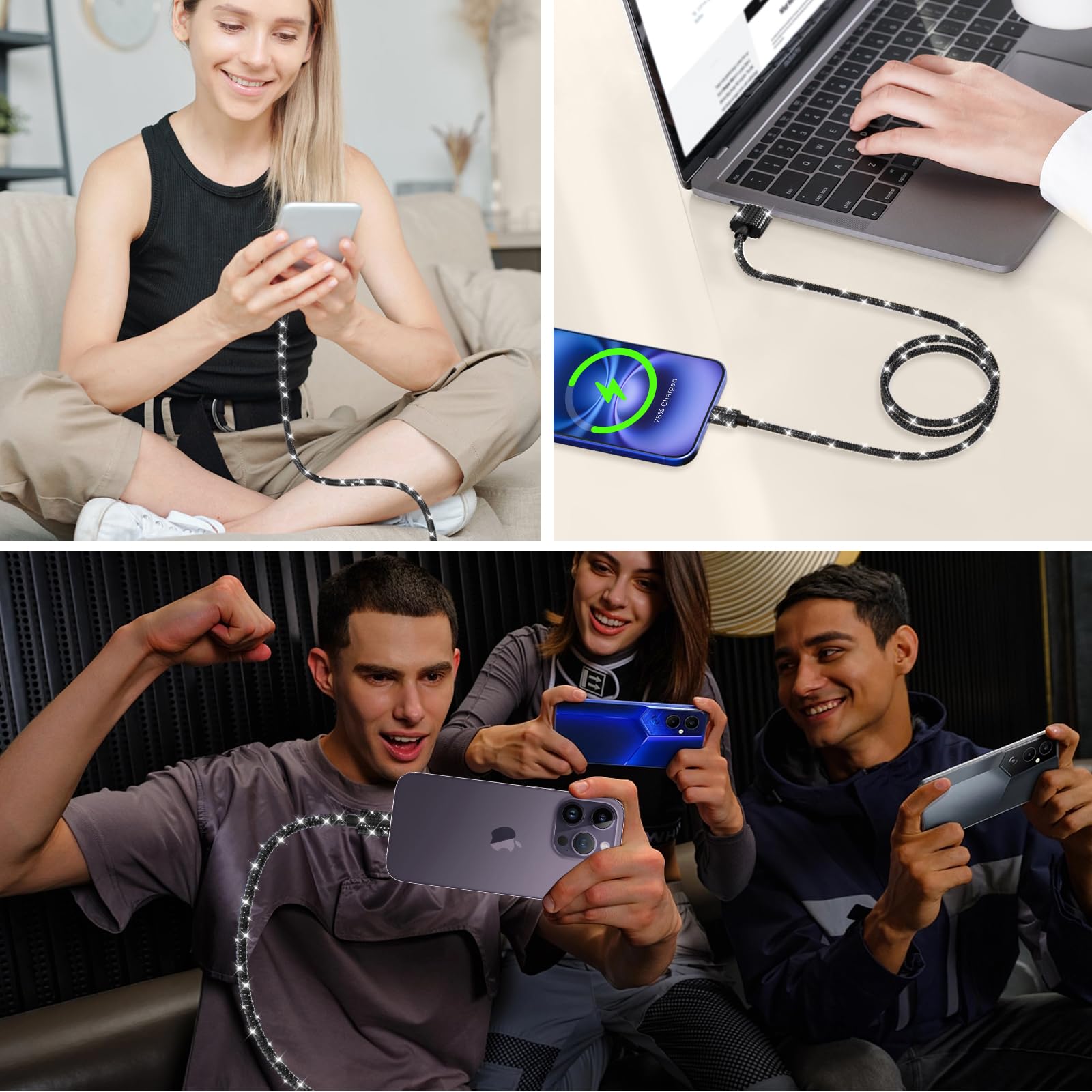 60W USB to USB C Fast Charging Cable 4FT - Bling Sparkling Black Diamond Braided Cord for iPhone 16/15/Plus/Pro/Max, Samsung Galaxy S25/S24/S23 - Perfect for Home, Office & Travel Charging
