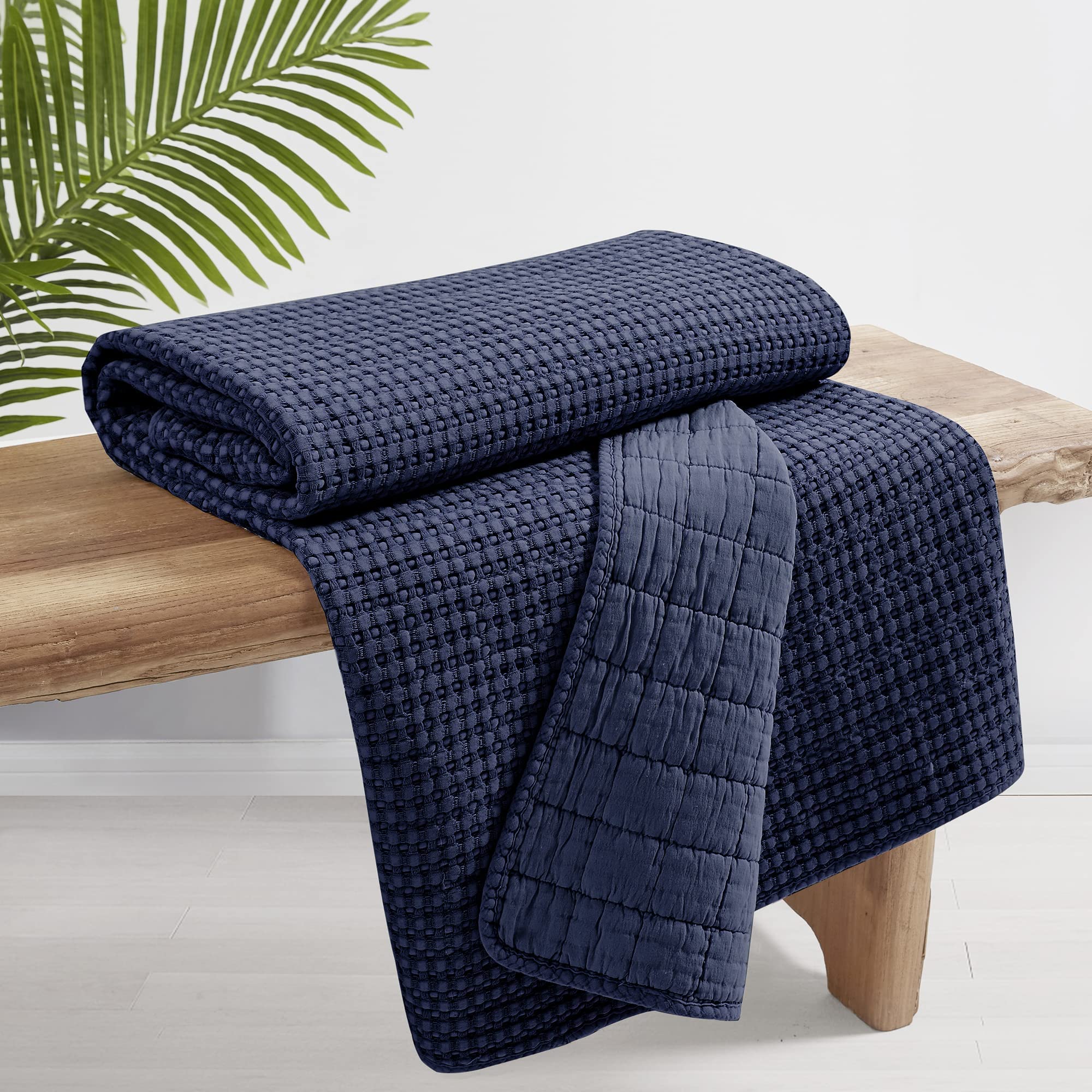 Levtex Home Mills Waffle Knit Throw Blanket - Navy Blue Cotton Waffle Weave - 50