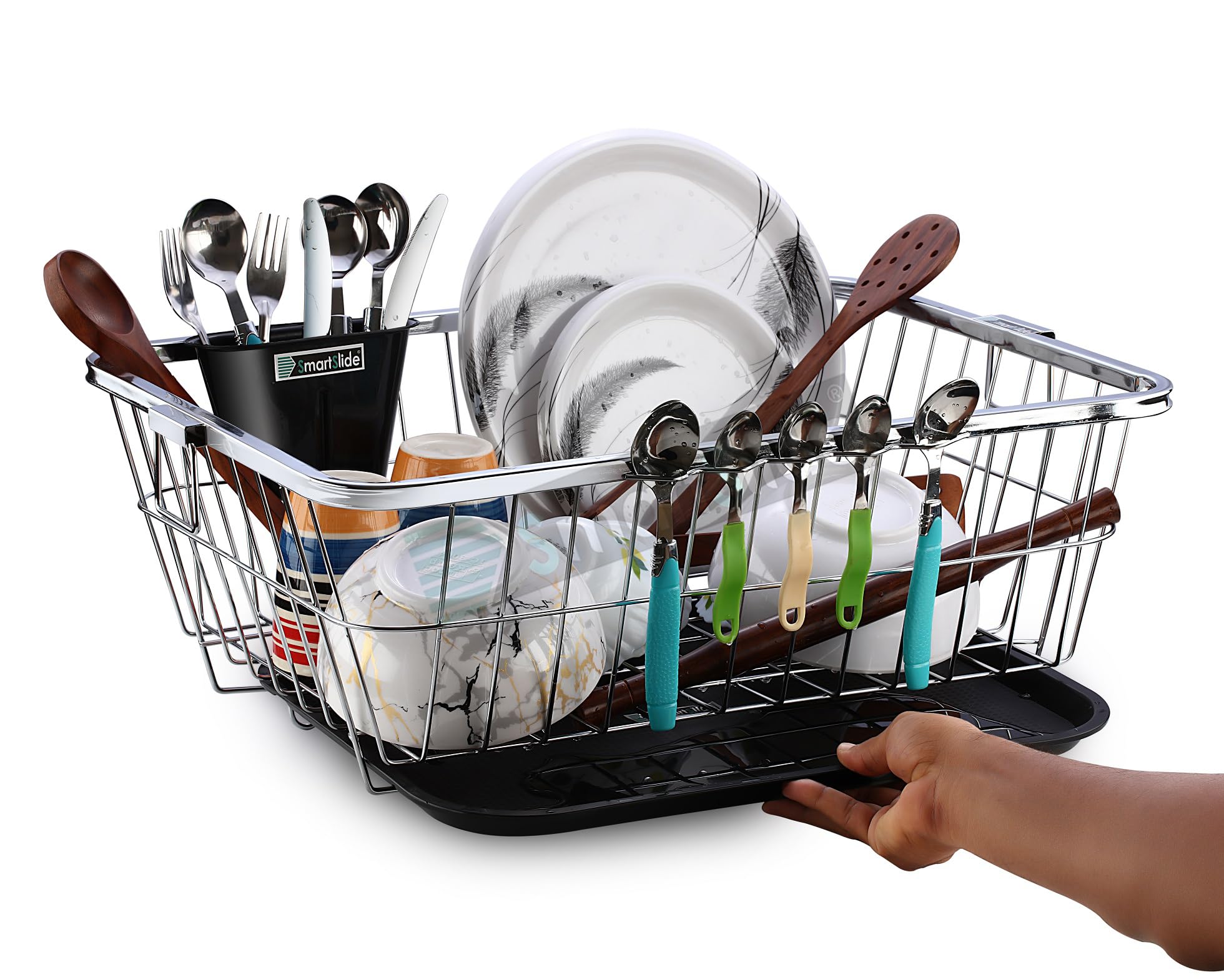 SmartSlide Stainless Steel Dish Drainer & Utensil Drying Rack with Drain Tray - 22 x 17 Inch Kitchen Organizer for Countertop, Sink Side | Perfect for Drying Dishes, Cups & Cooking Tools in Modern Kitchens