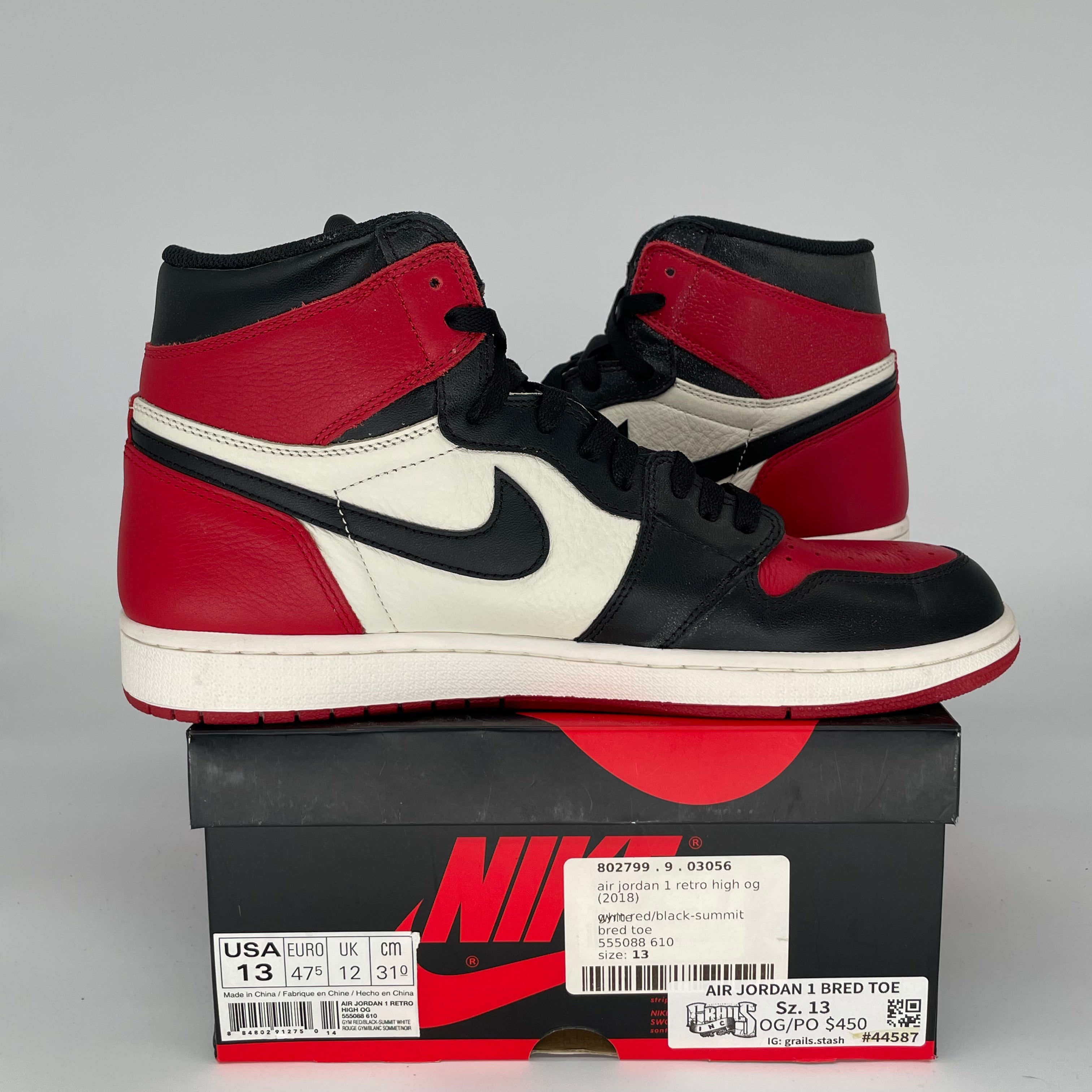 AIR JORDAN 1 BRED TOE Men's Basketball Shoes Size 13 - Black/Red/White (555088-610) | Retro High OG Sneakers for Streetwear, Basketball & Casual Outfits