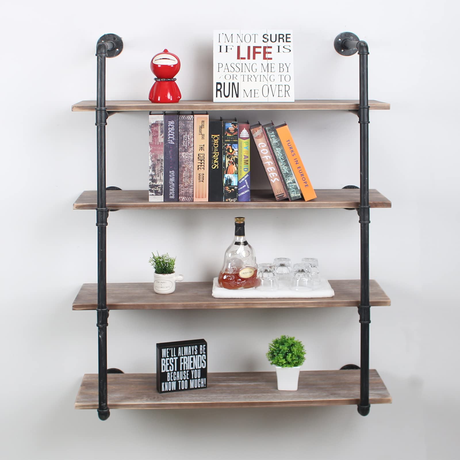 48in Industrial Pipe Shelving Wall Mounted - Rustic Metal Floating Shelves for Farmhouse Kitchen, Bar, Living Room & Office (4 Tier Storage Shelf) - Perfect for Displaying Decor, Books & Organizing Spaces